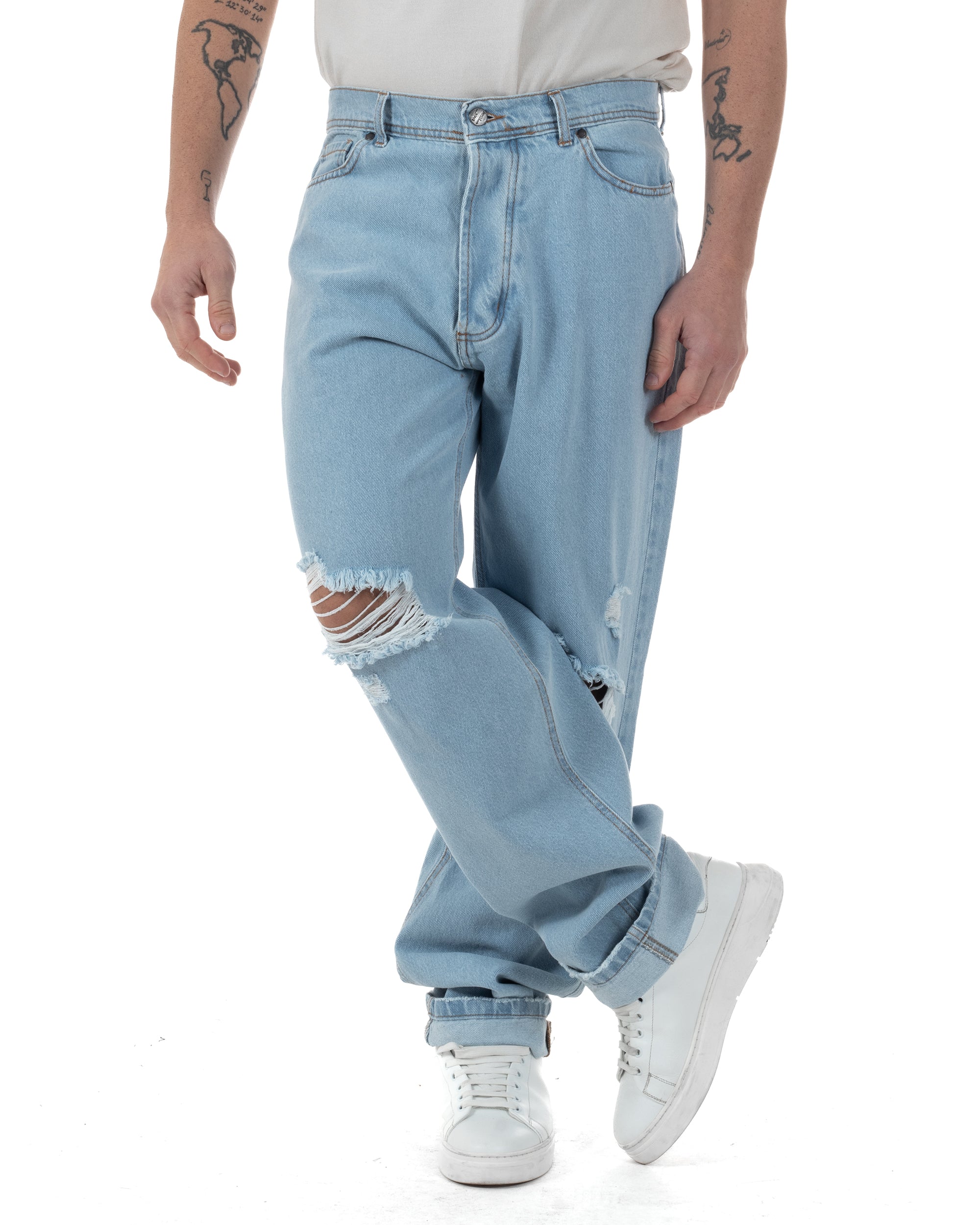 Jeans Uomo Baggy Pantaloni Con Rotture Abrasioni Fondo Largo Taglio Al Ginocchio Denim Chiaro GIOSAL-JS1093A