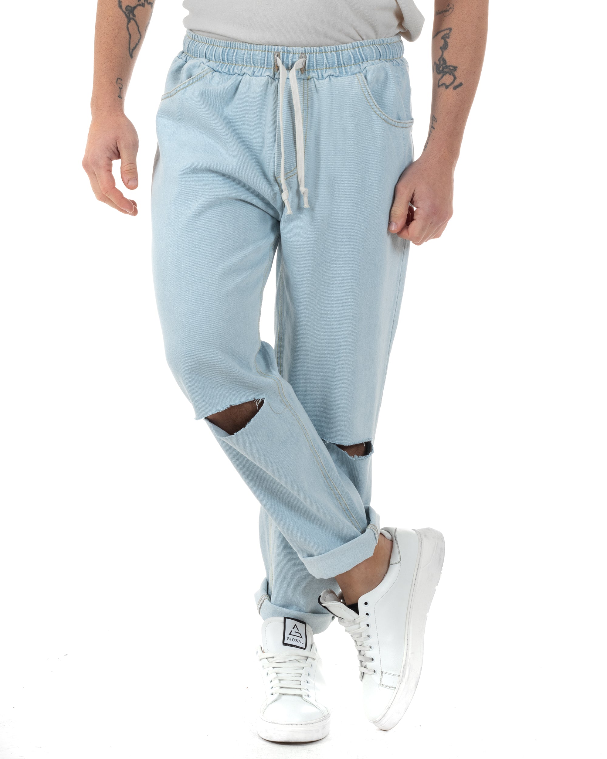 Jeans Uomo Jogger Con Strappi Al Ginocchio Basic Pantalaccio Con Coulisse Loose Fit Denim Chiaro GIOSAL-JS1095A