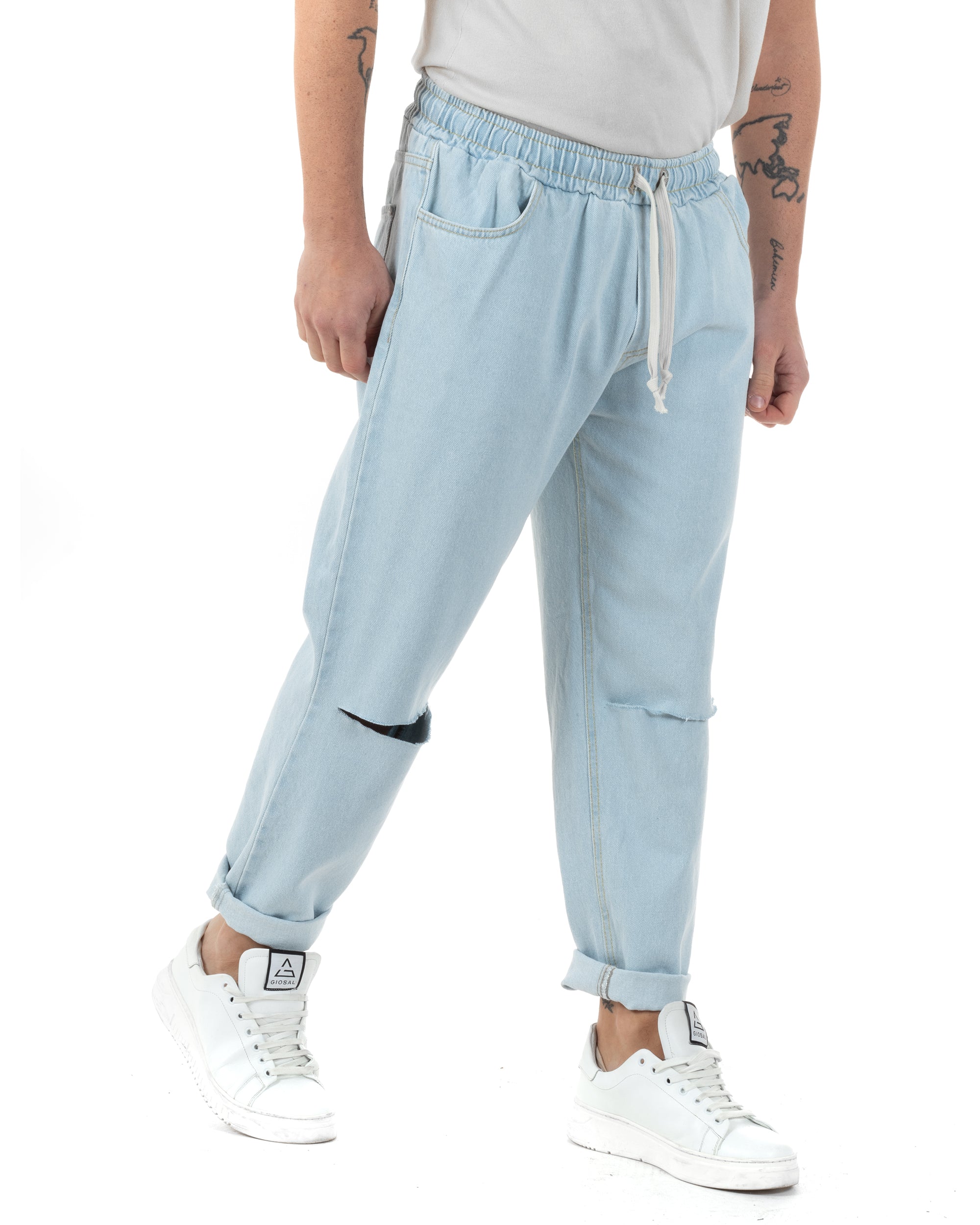 Jeans Uomo Jogger Con Strappi Al Ginocchio Basic Pantalaccio Con Coulisse Loose Fit Denim Chiaro GIOSAL-JS1095A