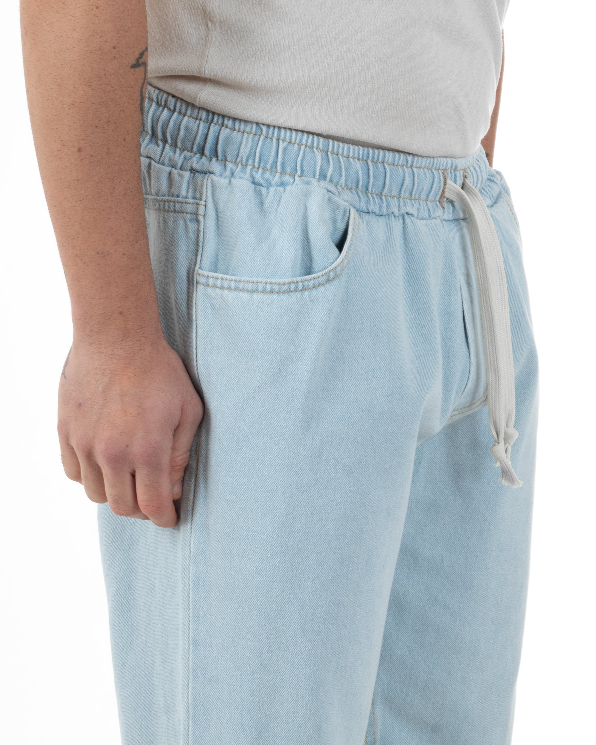 Jeans Uomo Jogger Con Strappi Al Ginocchio Basic Pantalaccio Con Coulisse Loose Fit Denim Chiaro GIOSAL-JS1095A
