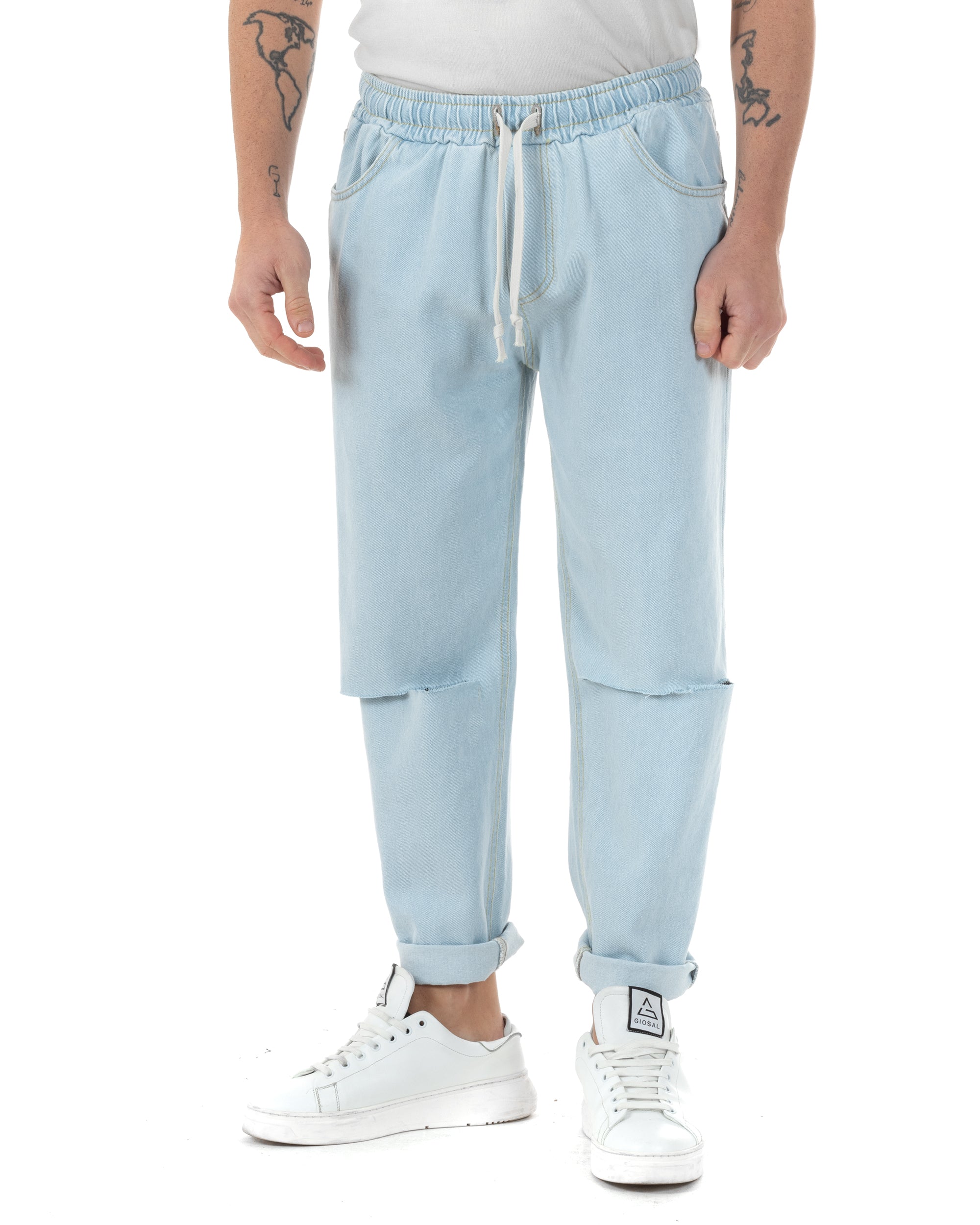 Jeans Uomo Jogger Con Strappi Al Ginocchio Basic Pantalaccio Con Coulisse Loose Fit Denim Chiaro GIOSAL-JS1095A