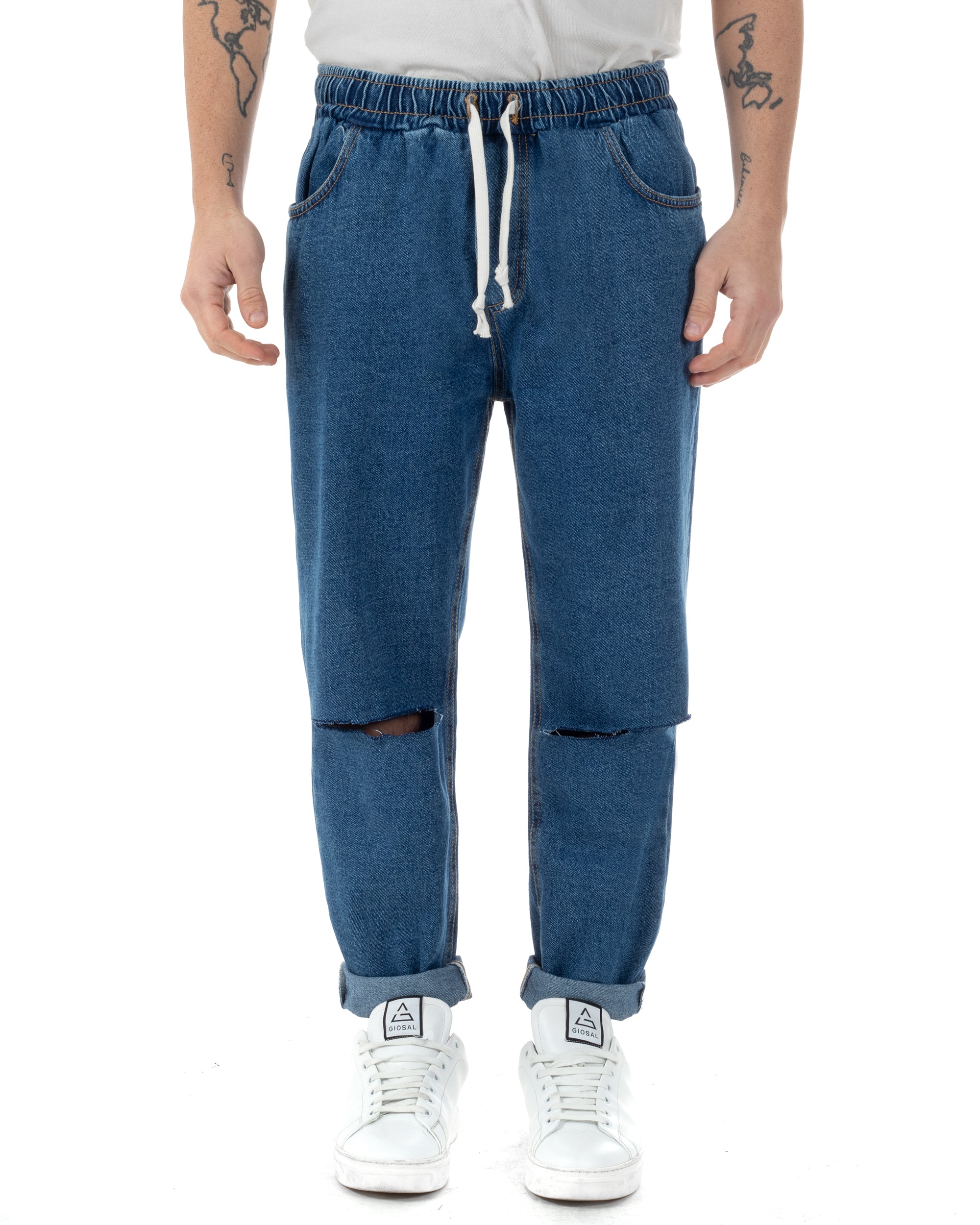 Jeans Uomo Jogger Con Strappi Al Ginocchio Basic Pantalaccio Con Coulisse Loose Fit Denim Scuro GIOSAL-JS1096A