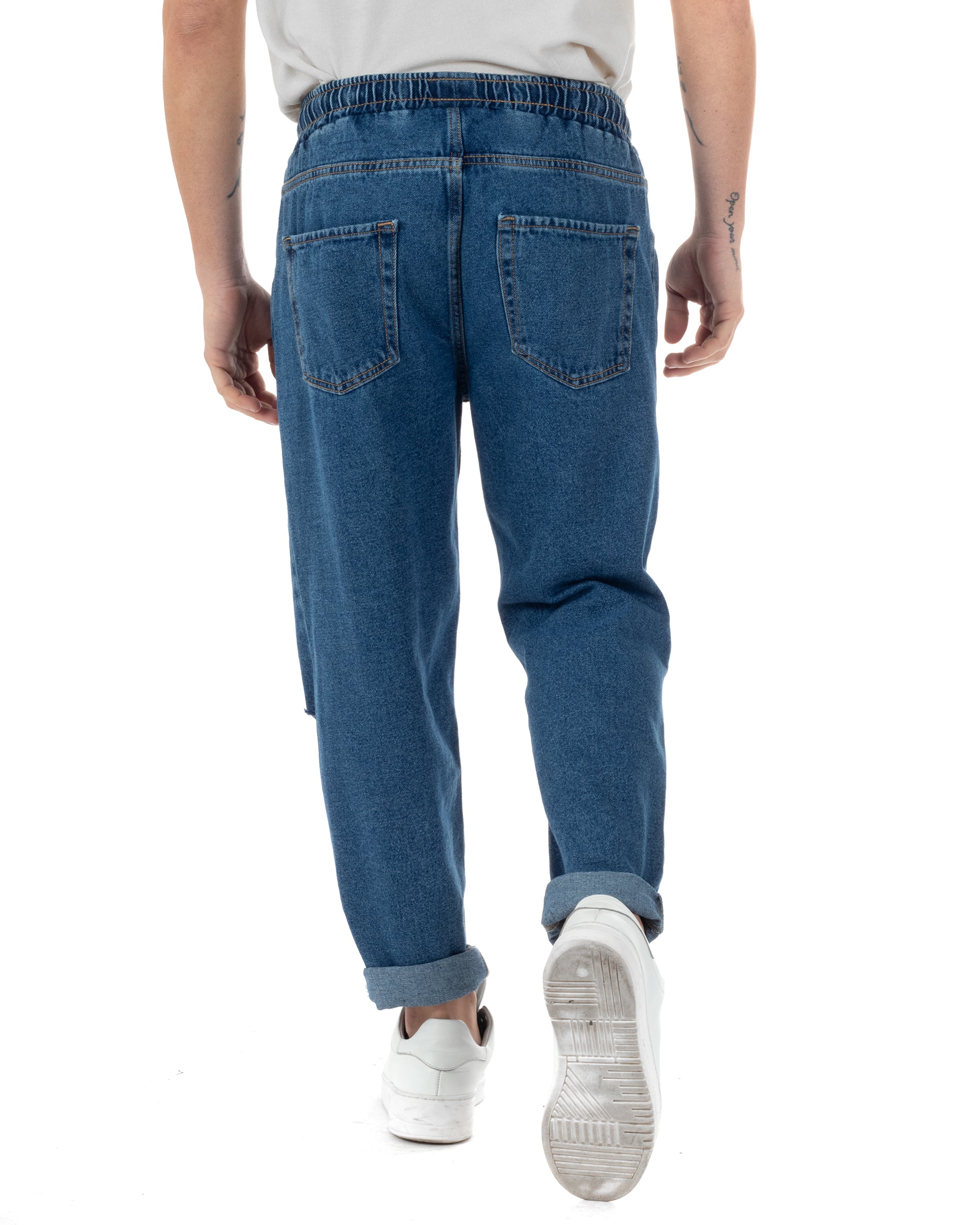Jeans Uomo Jogger Con Strappi Al Ginocchio Basic Pantalaccio Con Coulisse Loose Fit Denim Scuro GIOSAL-JS1096A