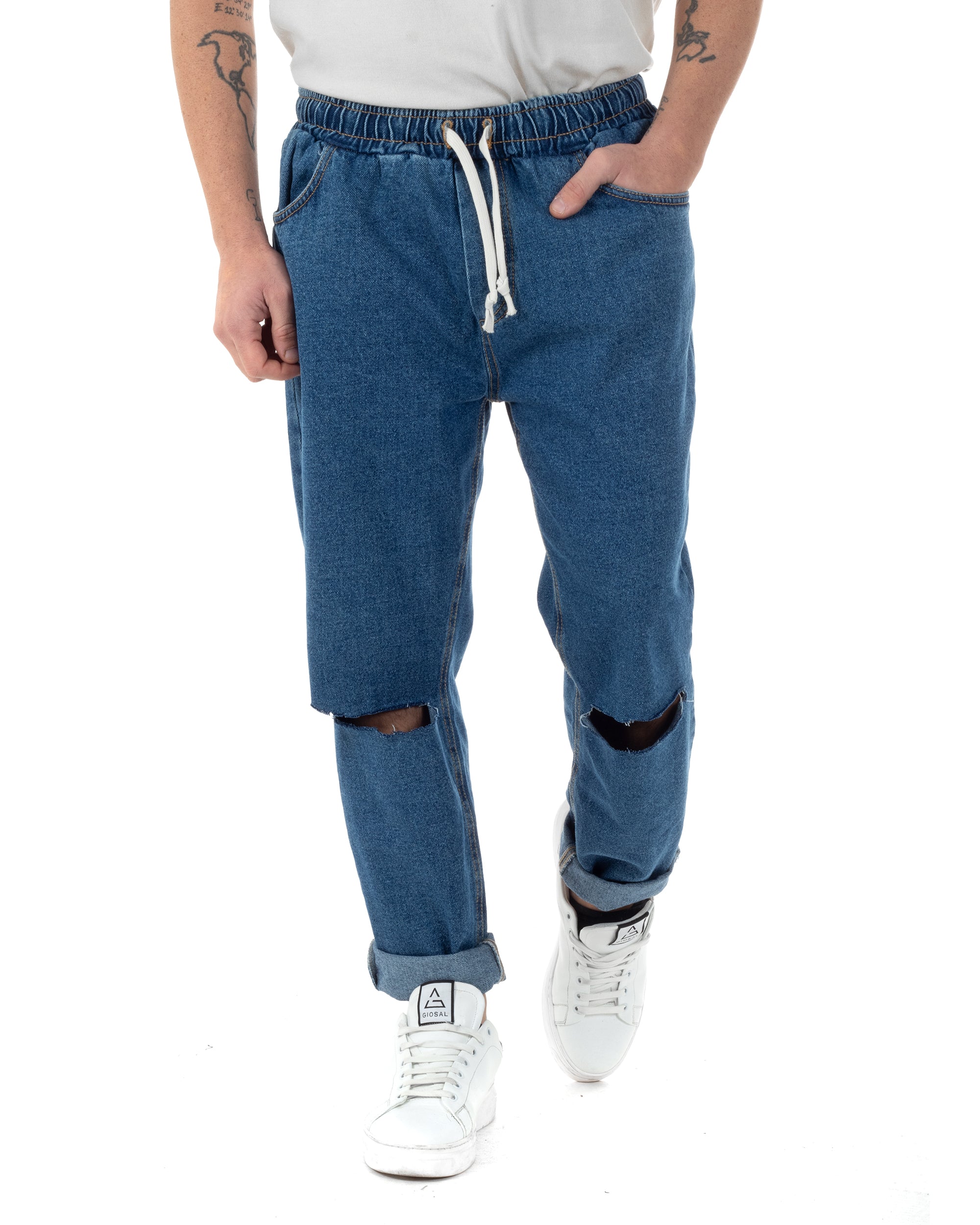 Jeans Uomo Jogger Con Strappi Al Ginocchio Basic Pantalaccio Con Coulisse Loose Fit Denim Scuro GIOSAL-JS1096A