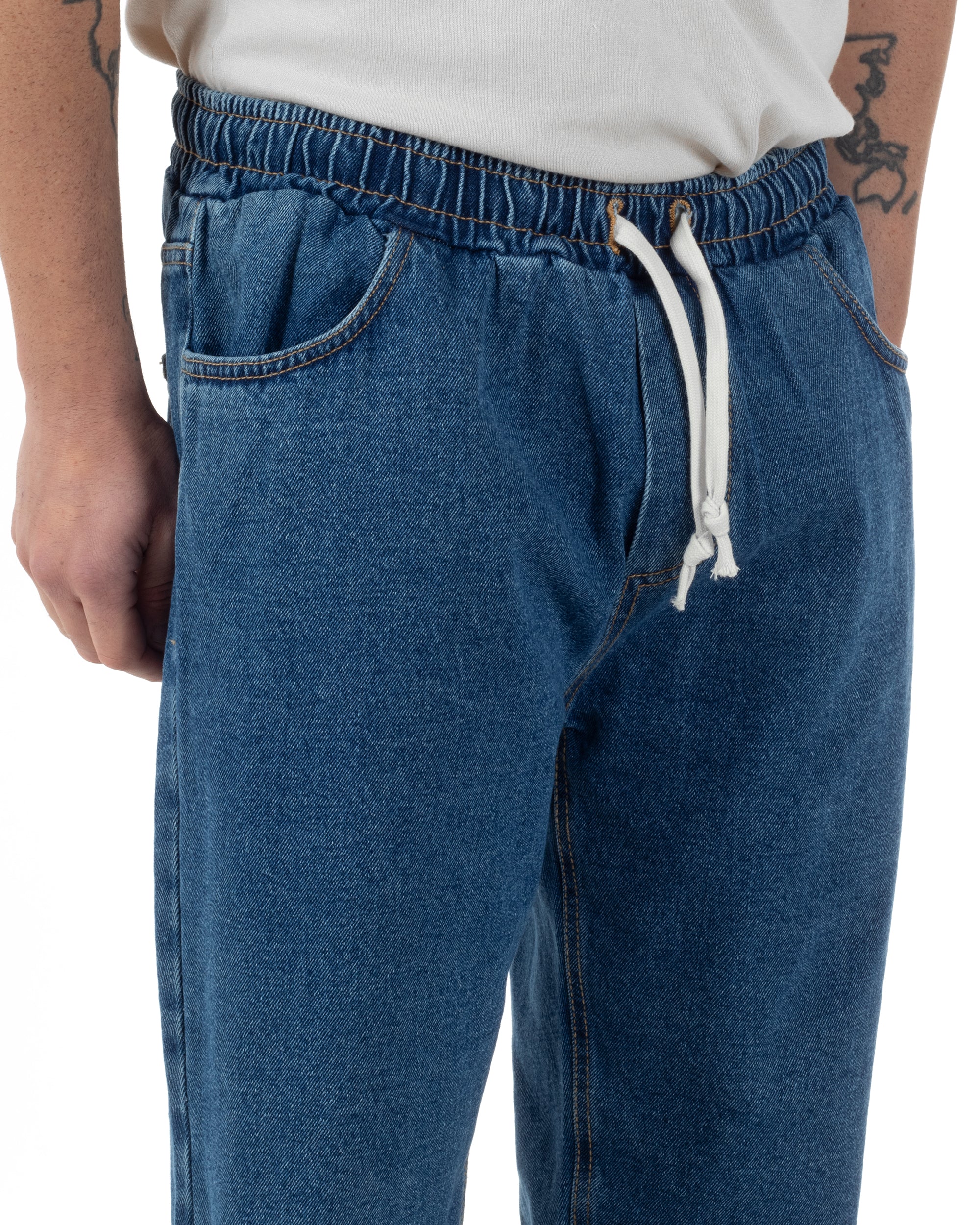 Jeans Uomo Jogger Con Strappi Al Ginocchio Basic Pantalaccio Con Coulisse Loose Fit Denim Scuro GIOSAL-JS1096A