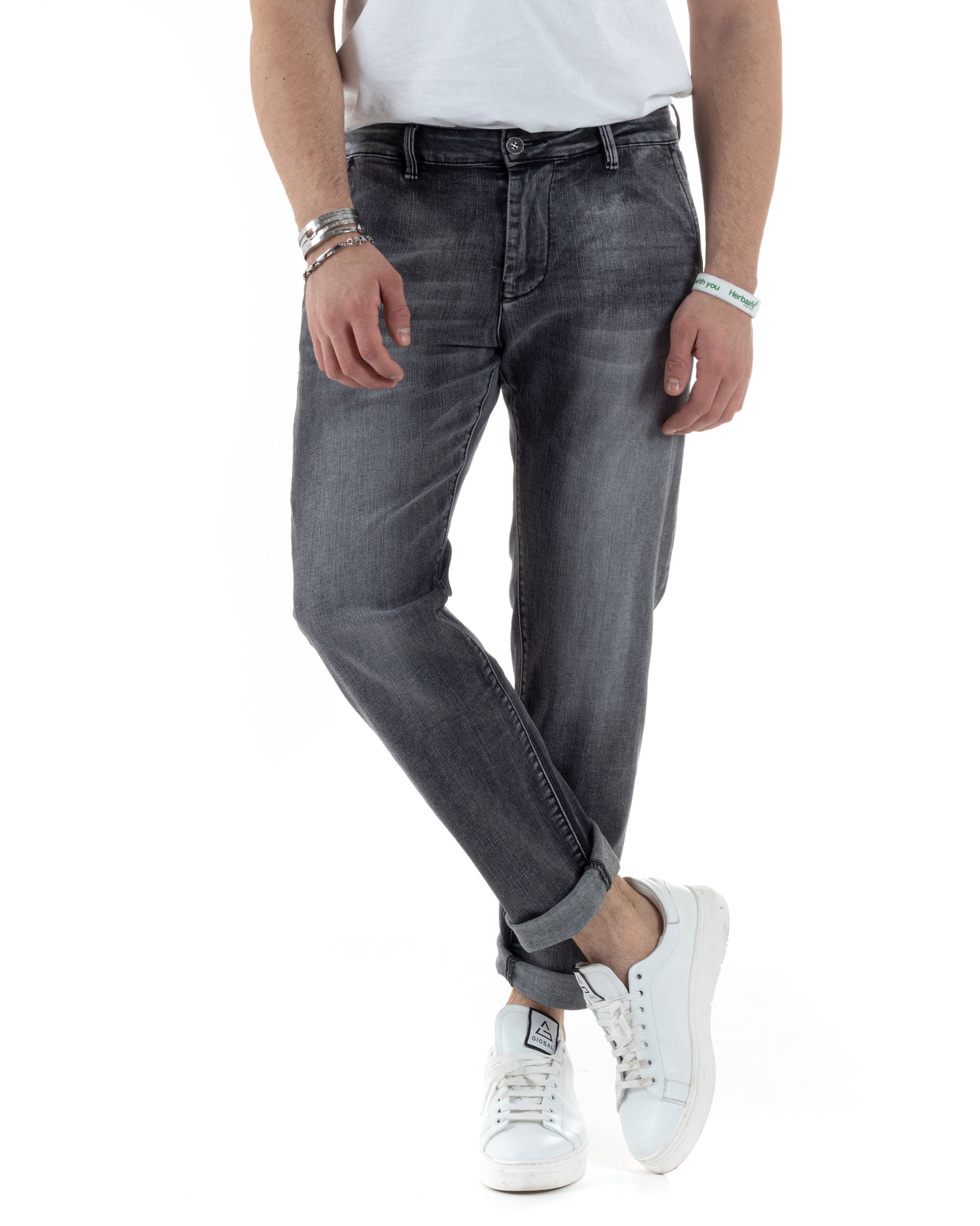 Jeans Uomo Tasca America Pantaloni Slim Fit Stone Washed Denim Grigio GIOSAL-JS1097A