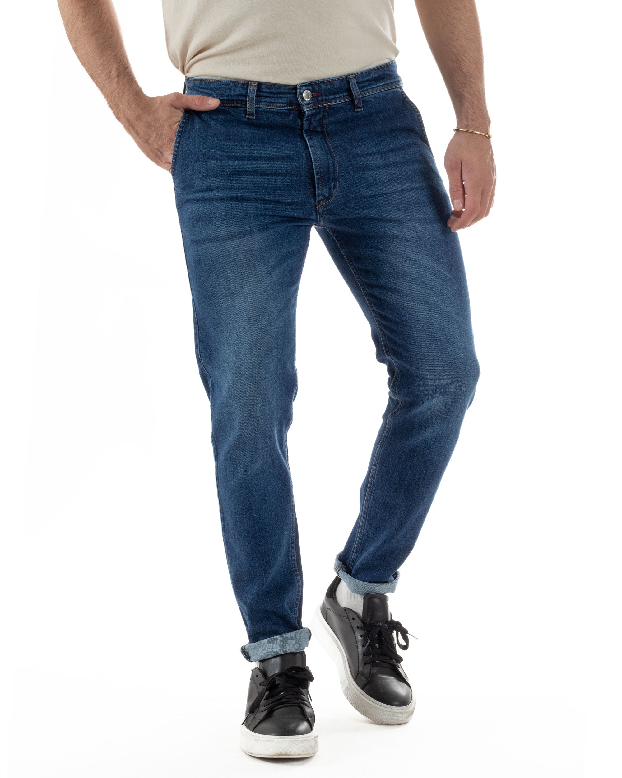 Pantaloni Uomo Jeans Tasca America Denim Slim Fit Stone Washed Blu GIOSAL-JS1098A