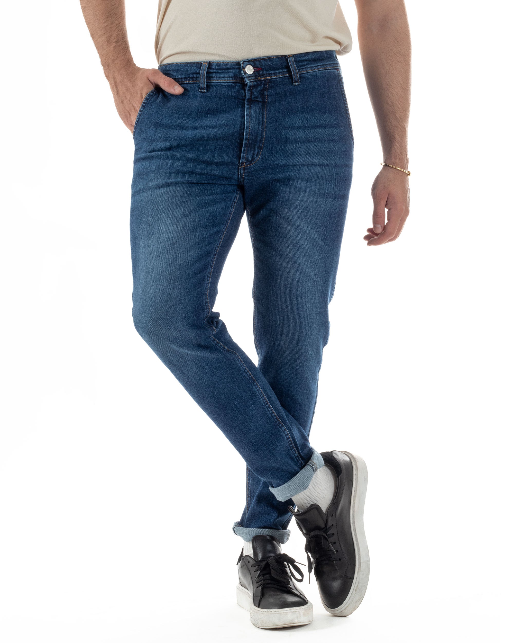 Pantaloni Uomo Jeans Tasca America Denim Slim Fit Stone Washed Blu GIOSAL-JS1098A