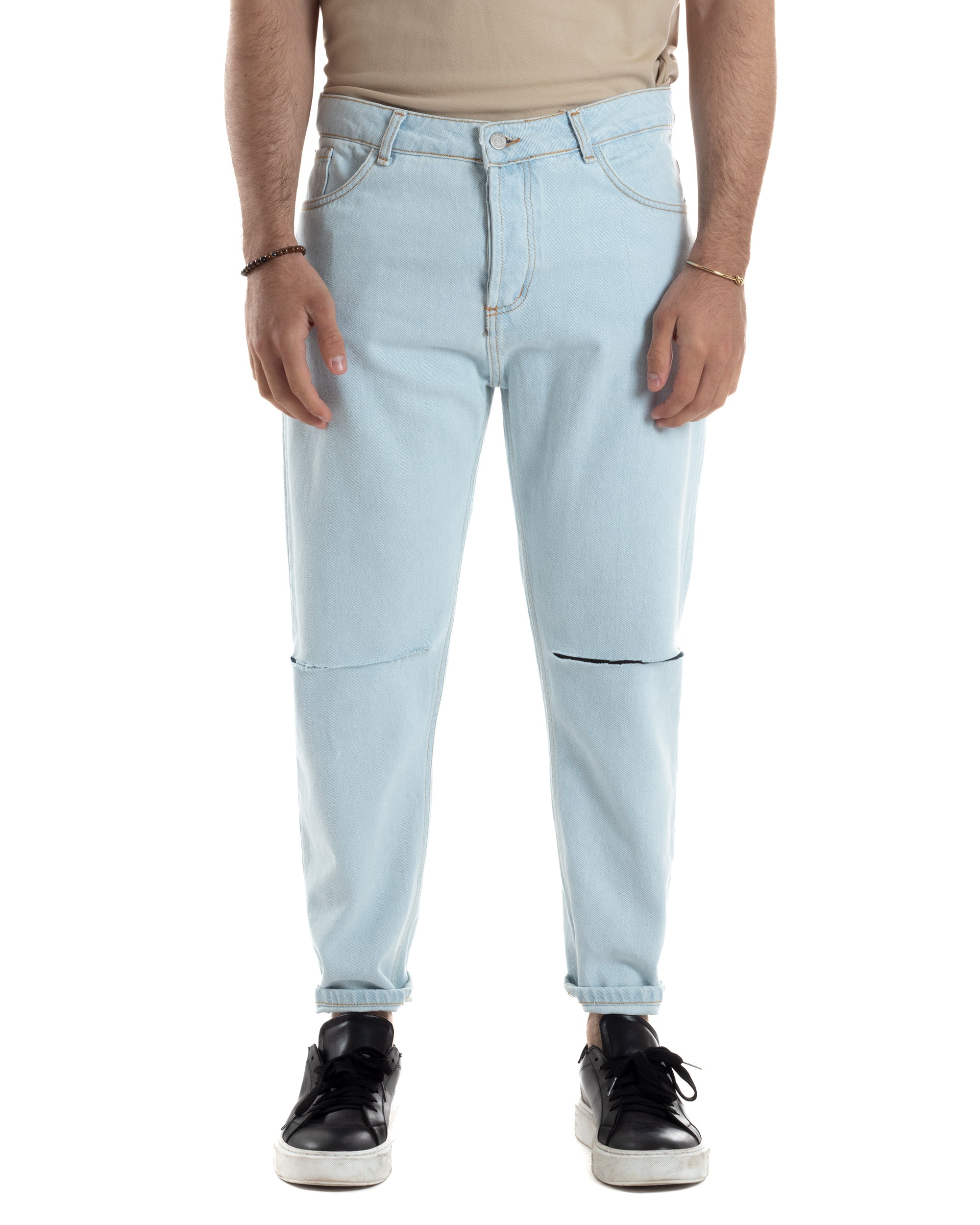 Jeans Uomo Pantaloni Cinque Tasche Regular Fit Basic Con Rotture Taglio Al Ginocchio Casual Denim Chiaro GIOSAL-JS1099A