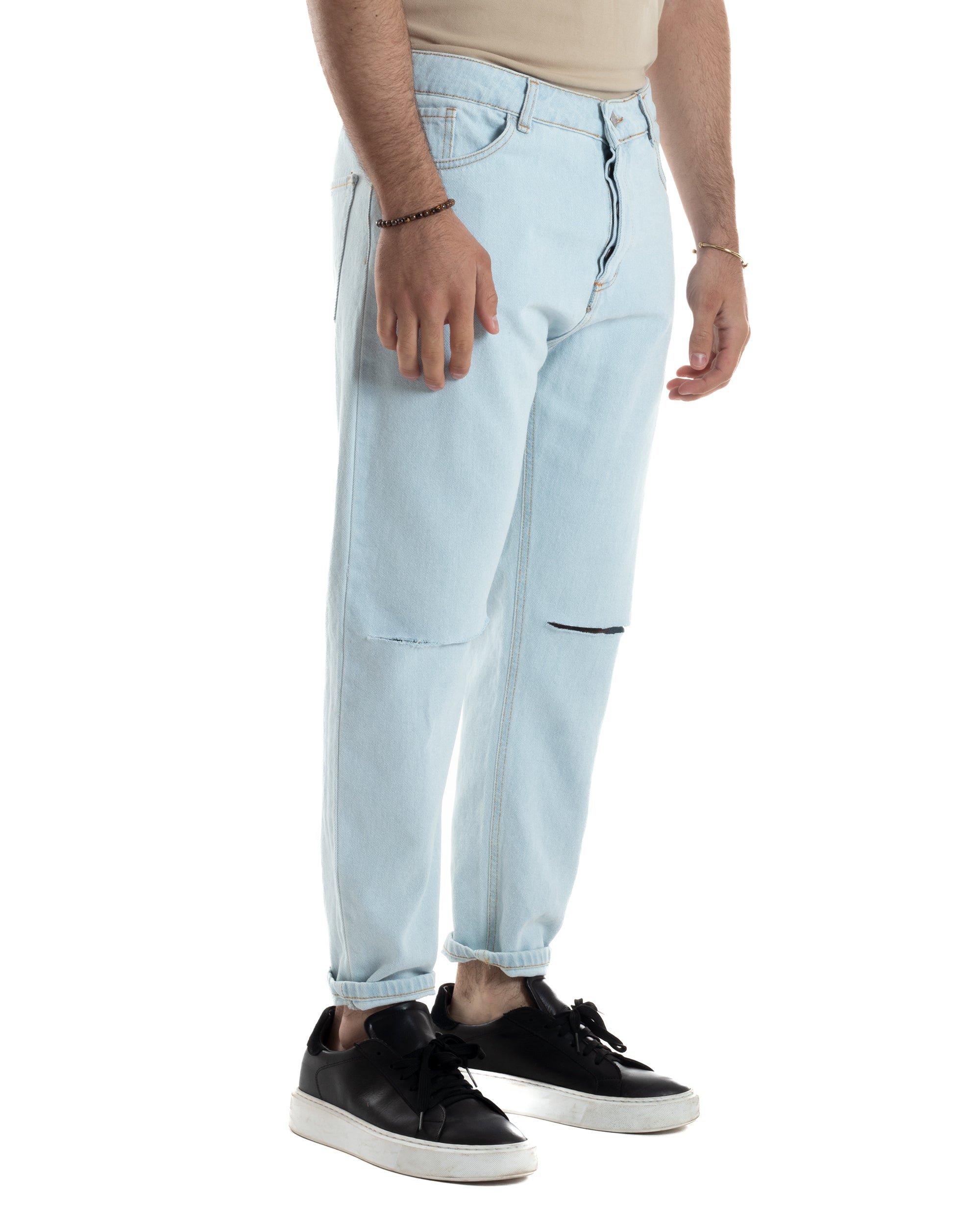 Jeans Uomo Pantaloni Cinque Tasche Regular Fit Basic Con Rotture Taglio Al Ginocchio Casual Denim Chiaro GIOSAL-JS1099A