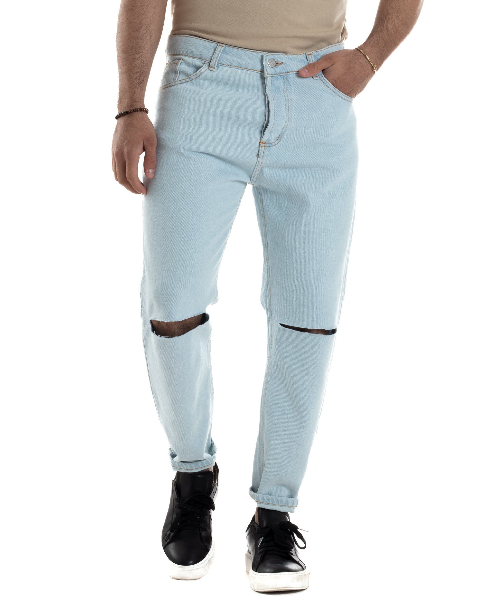 Jeans Uomo Pantaloni Cinque Tasche Regular Fit Basic Con Rotture Tagli