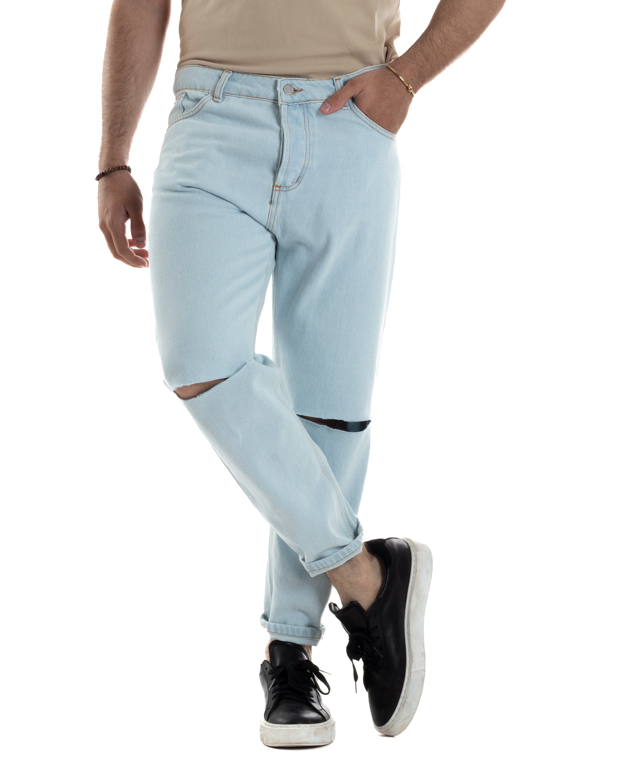 Jeans Uomo Pantaloni Cinque Tasche Regular Fit Basic Con Rotture Taglio Al Ginocchio Casual Denim Chiaro GIOSAL-JS1099A