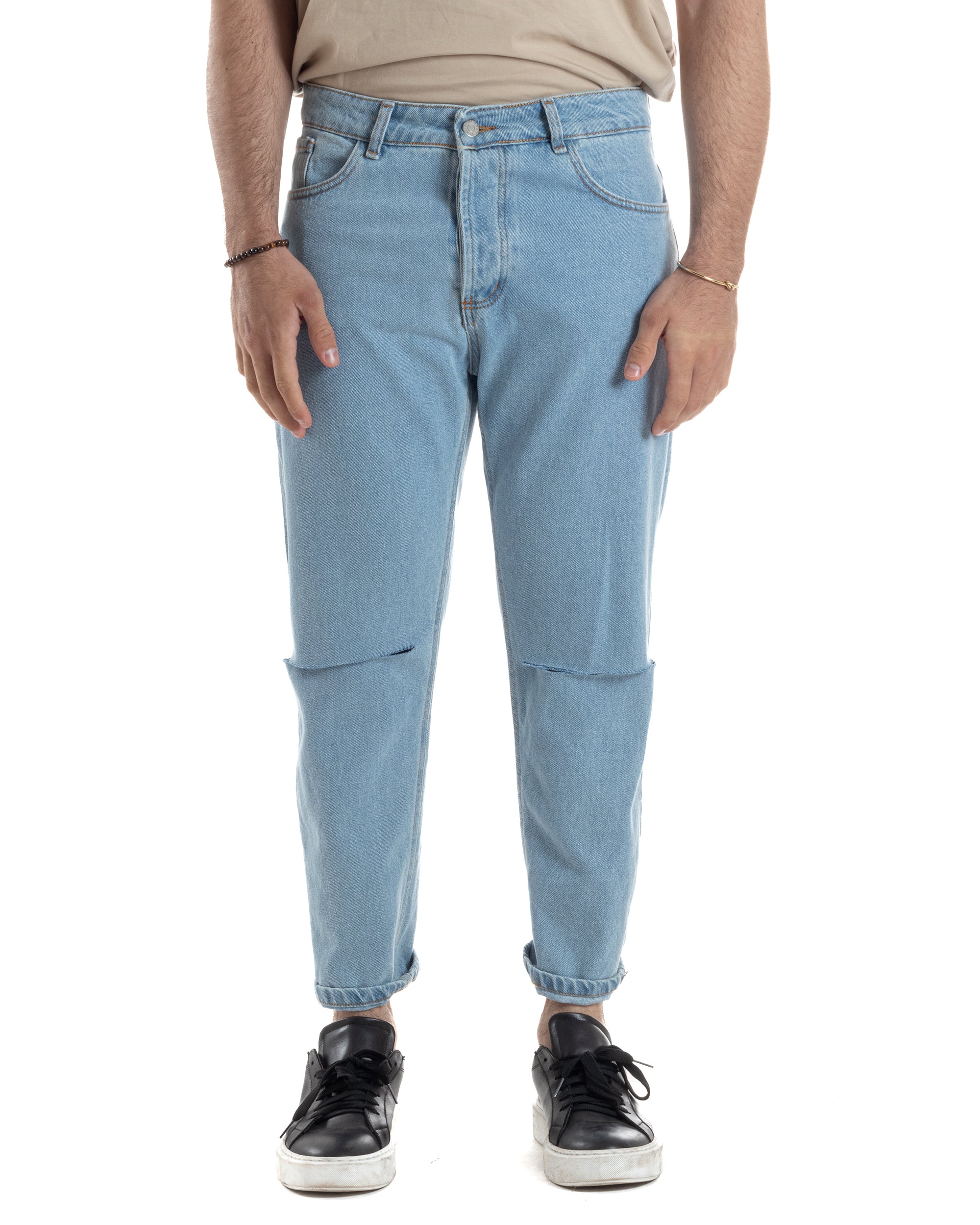 Jeans Uomo Pantaloni Cinque Tasche Regular Fit Basic Con Rotture Taglio Al Ginocchio Casual Denim GIOSAL-JS1100A