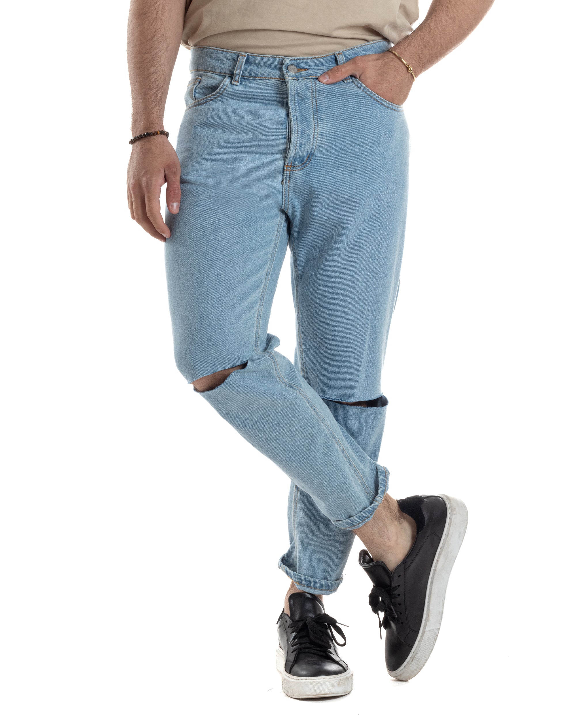 Jeans Uomo Pantaloni Cinque Tasche Regular Fit Basic Con Rotture Taglio Al Ginocchio Casual Denim GIOSAL-JS1100A