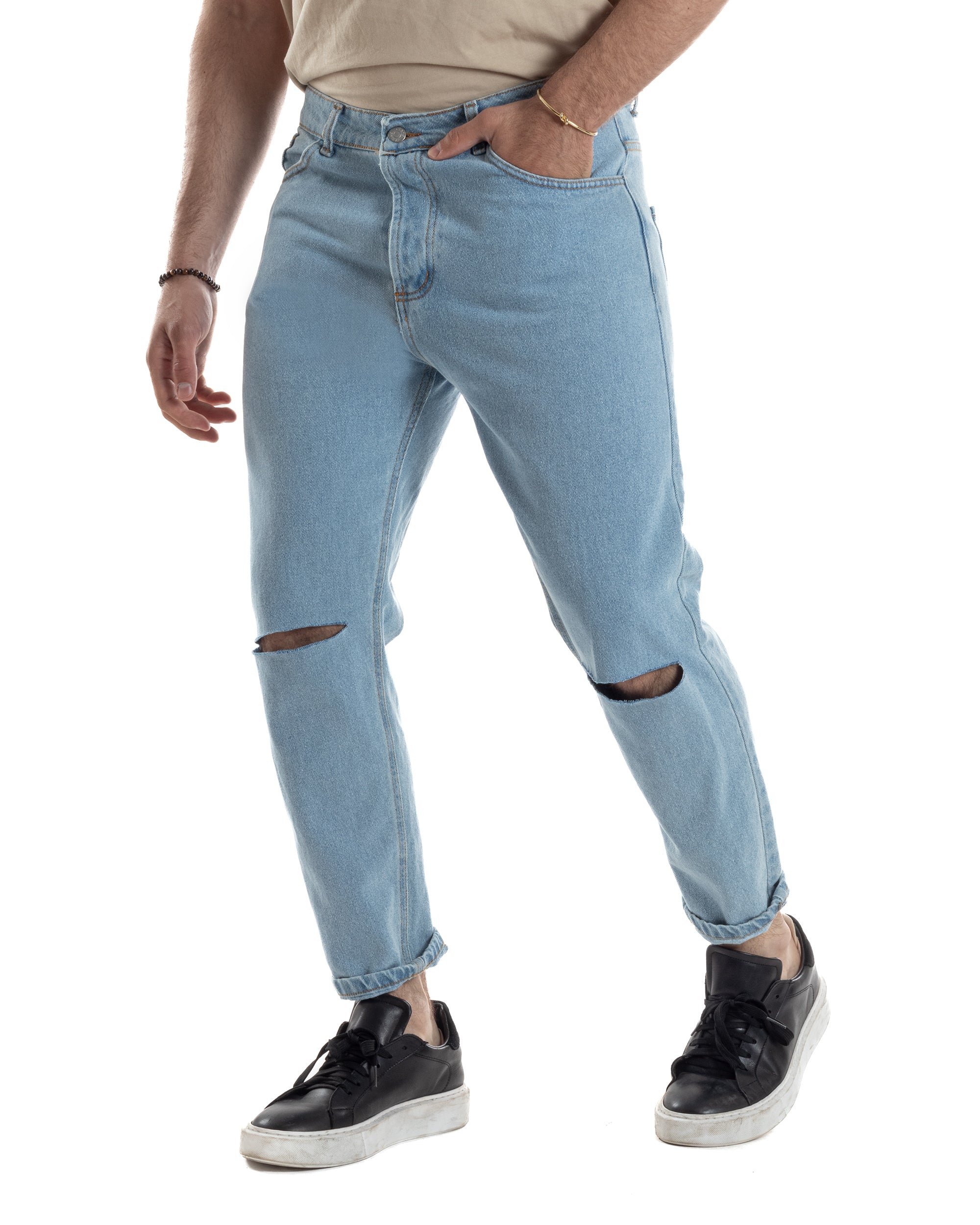 Jeans Uomo Pantaloni Cinque Tasche Regular Fit Basic Con Rotture Taglio Al Ginocchio Casual Denim GIOSAL-JS1100A