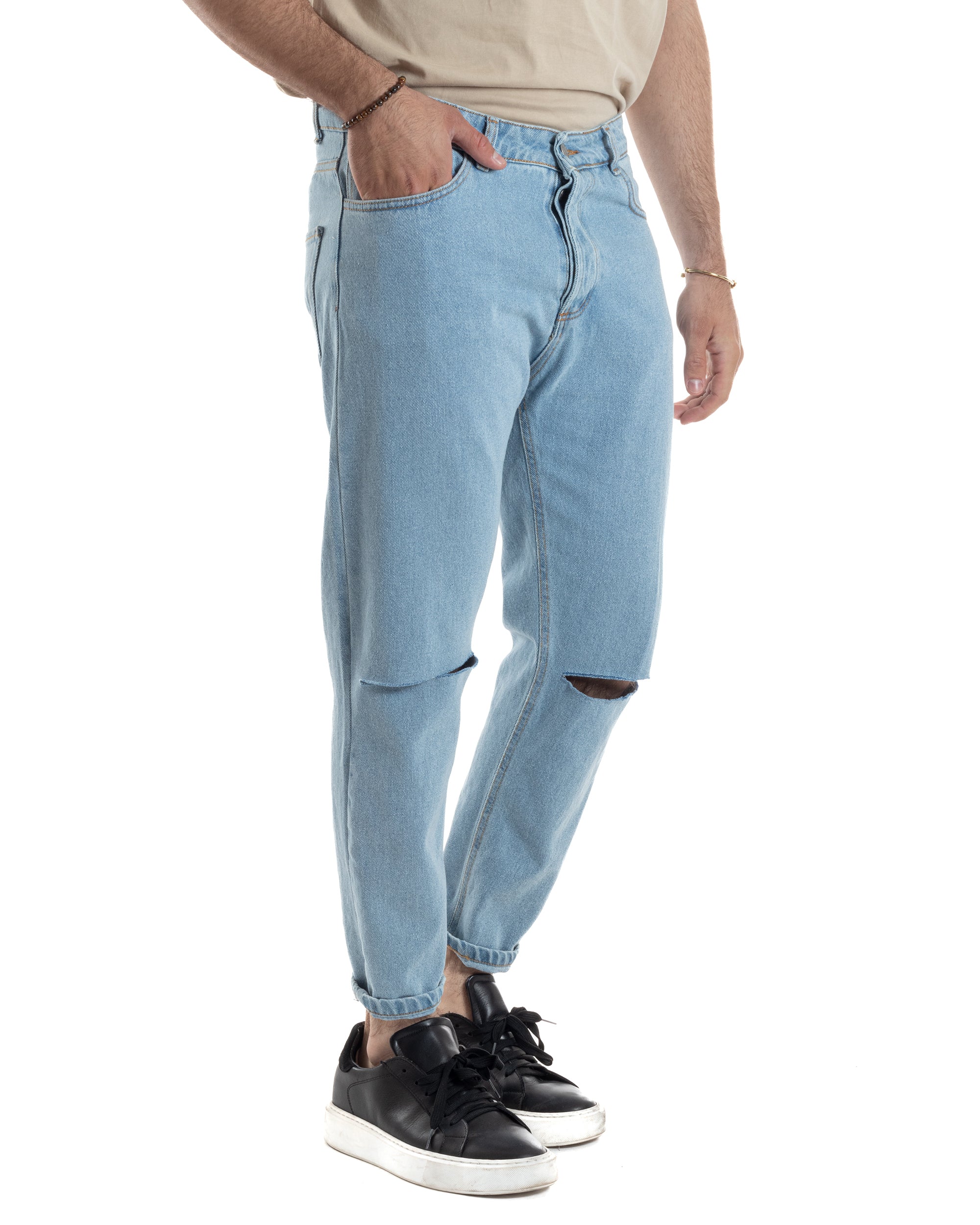 Jeans Uomo Pantaloni Cinque Tasche Regular Fit Basic Con Rotture Taglio Al Ginocchio Casual Denim GIOSAL-JS1100A