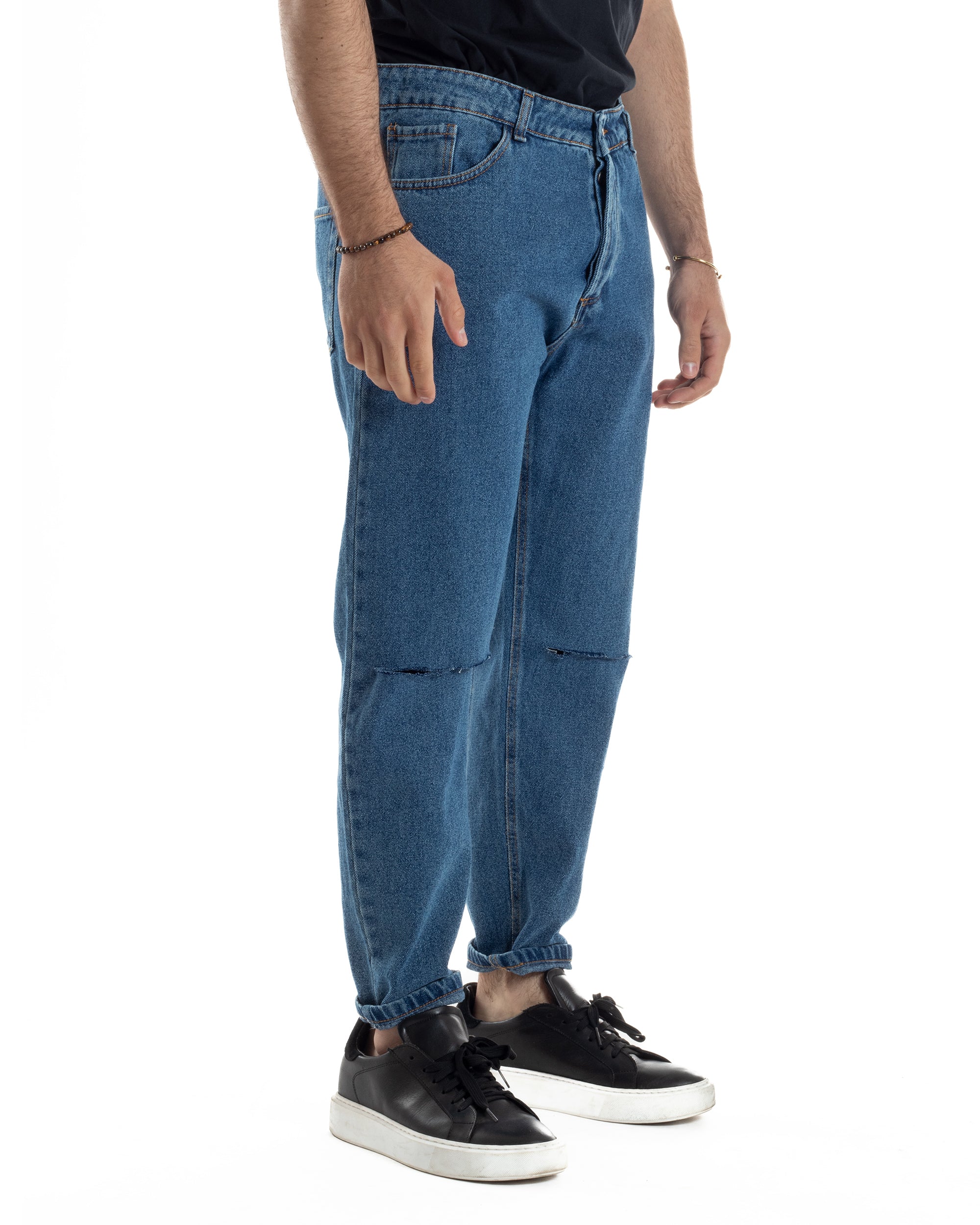 Jeans Uomo Pantaloni Cinque Tasche Regular Fit Basic Con Rotture Taglio Al Ginocchio Casual Denim Scuro GIOSAL-JS1101A
