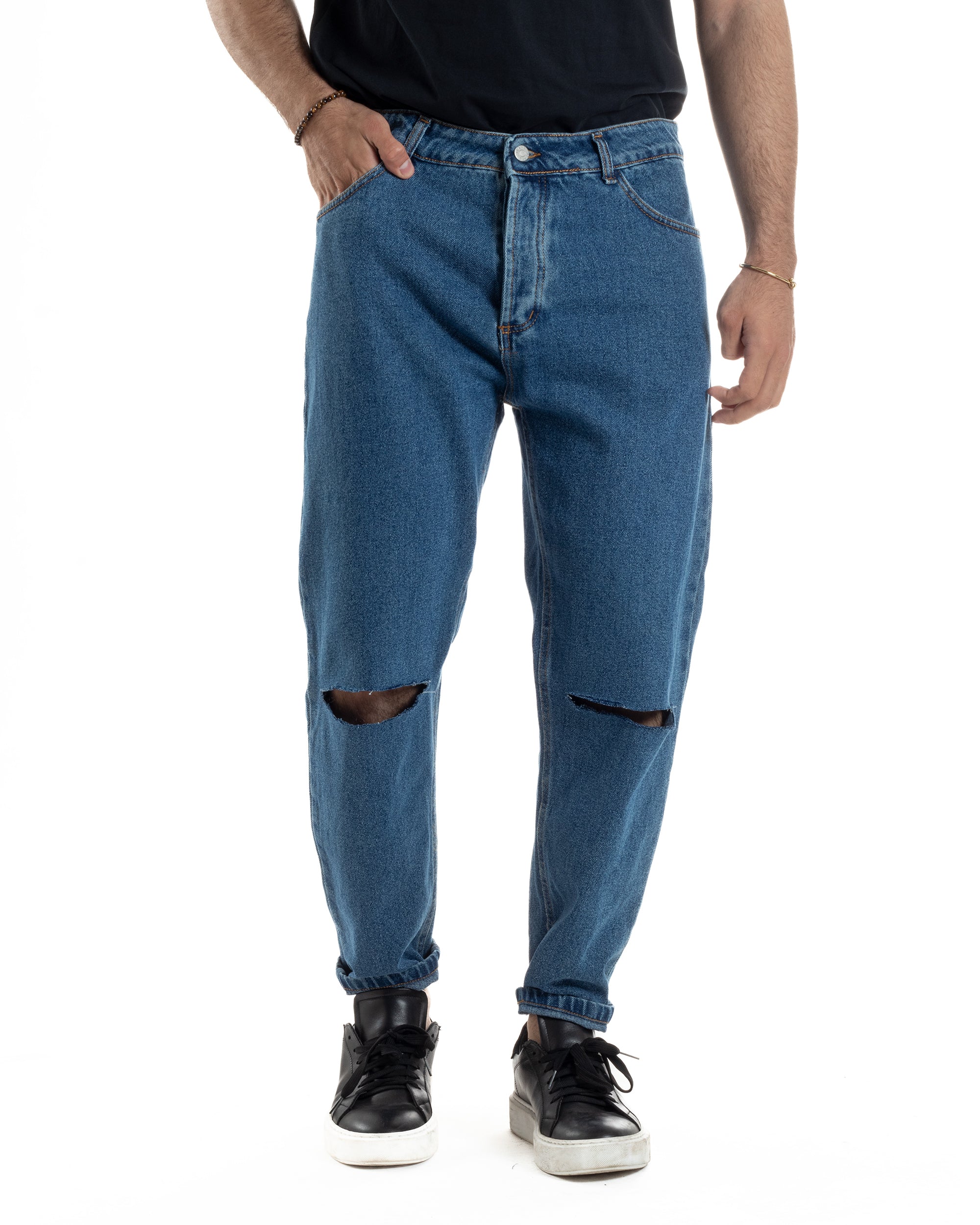 Jeans Uomo Pantaloni Cinque Tasche Regular Fit Basic Con Rotture Taglio Al Ginocchio Casual Denim Scuro GIOSAL-JS1101A