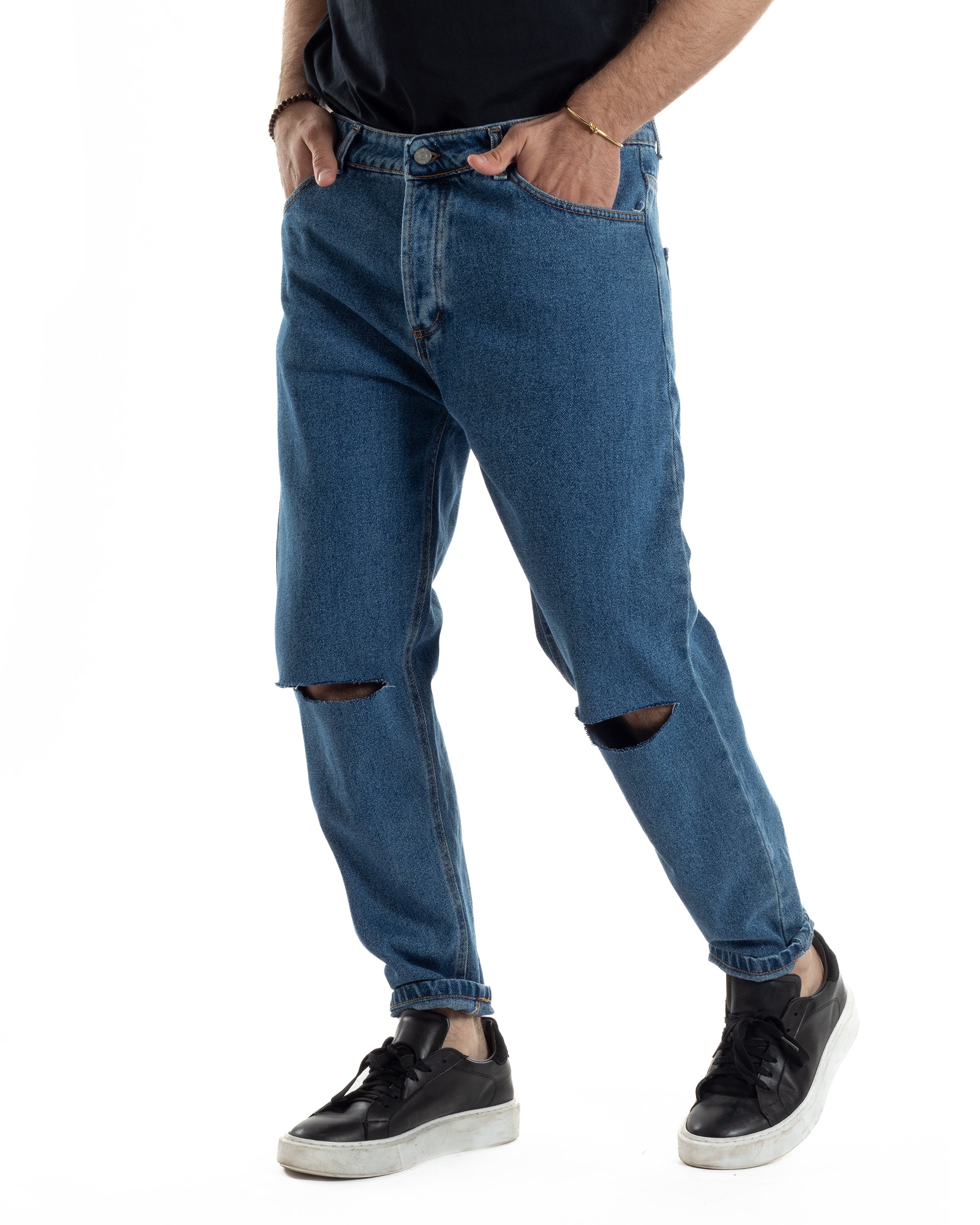 Jeans Uomo Pantaloni Cinque Tasche Regular Fit Basic Con Rotture Taglio Al Ginocchio Casual Denim Scuro GIOSAL-JS1101A