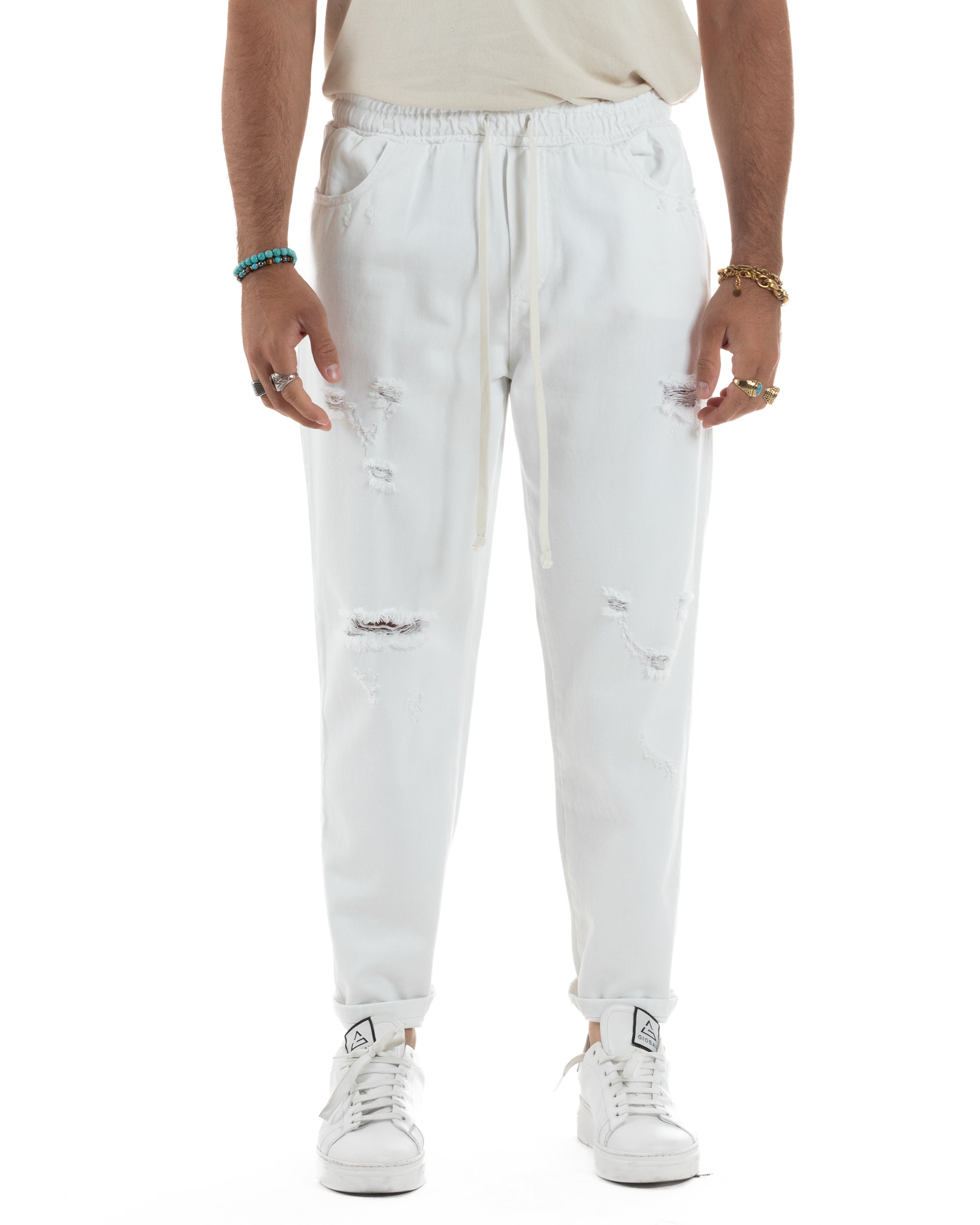 Jeans Jogger Cotone Loose Fit Rotture Bianco JS1106A