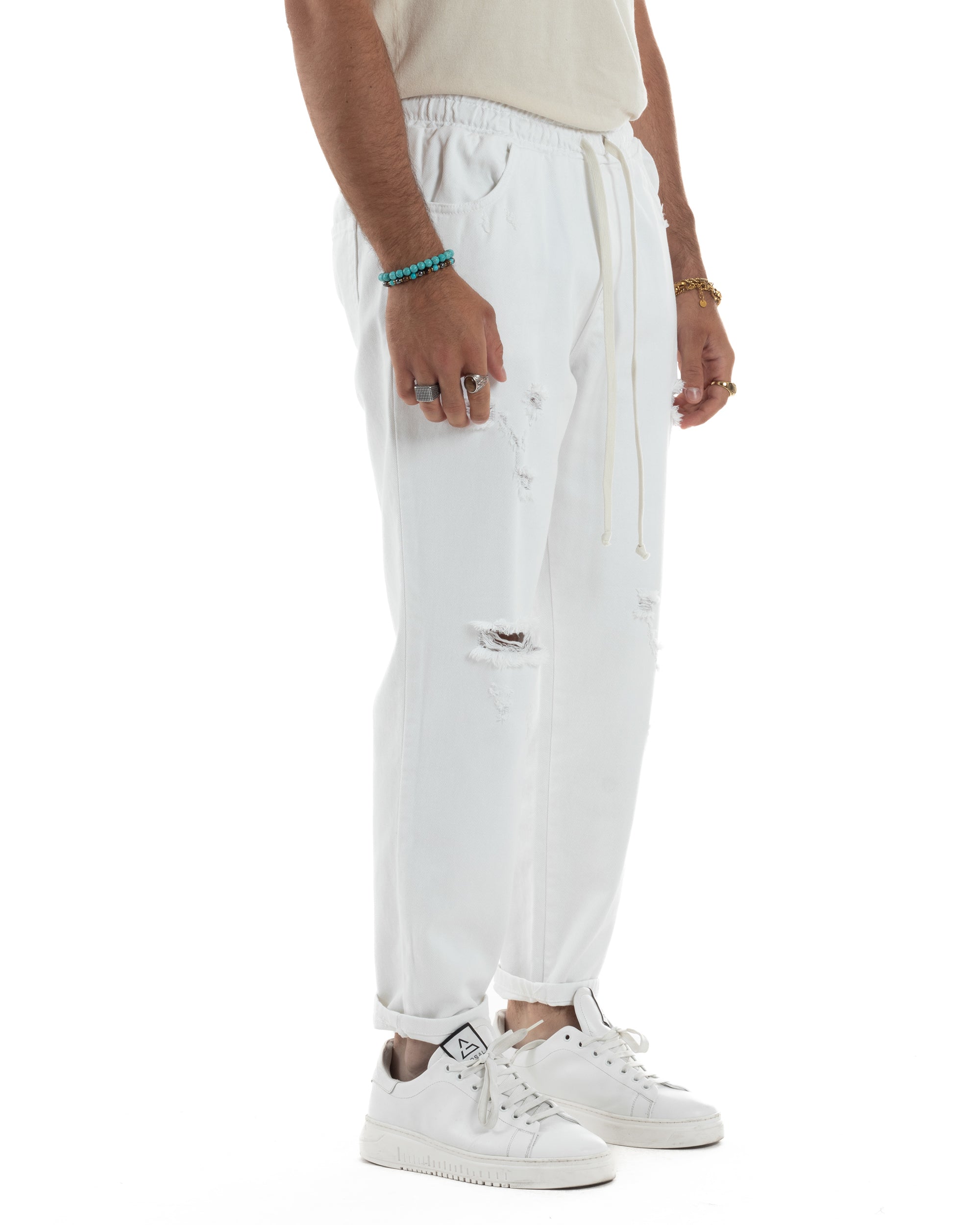 Jeans Jogger Cotone Loose Fit Rotture Bianco JS1106A