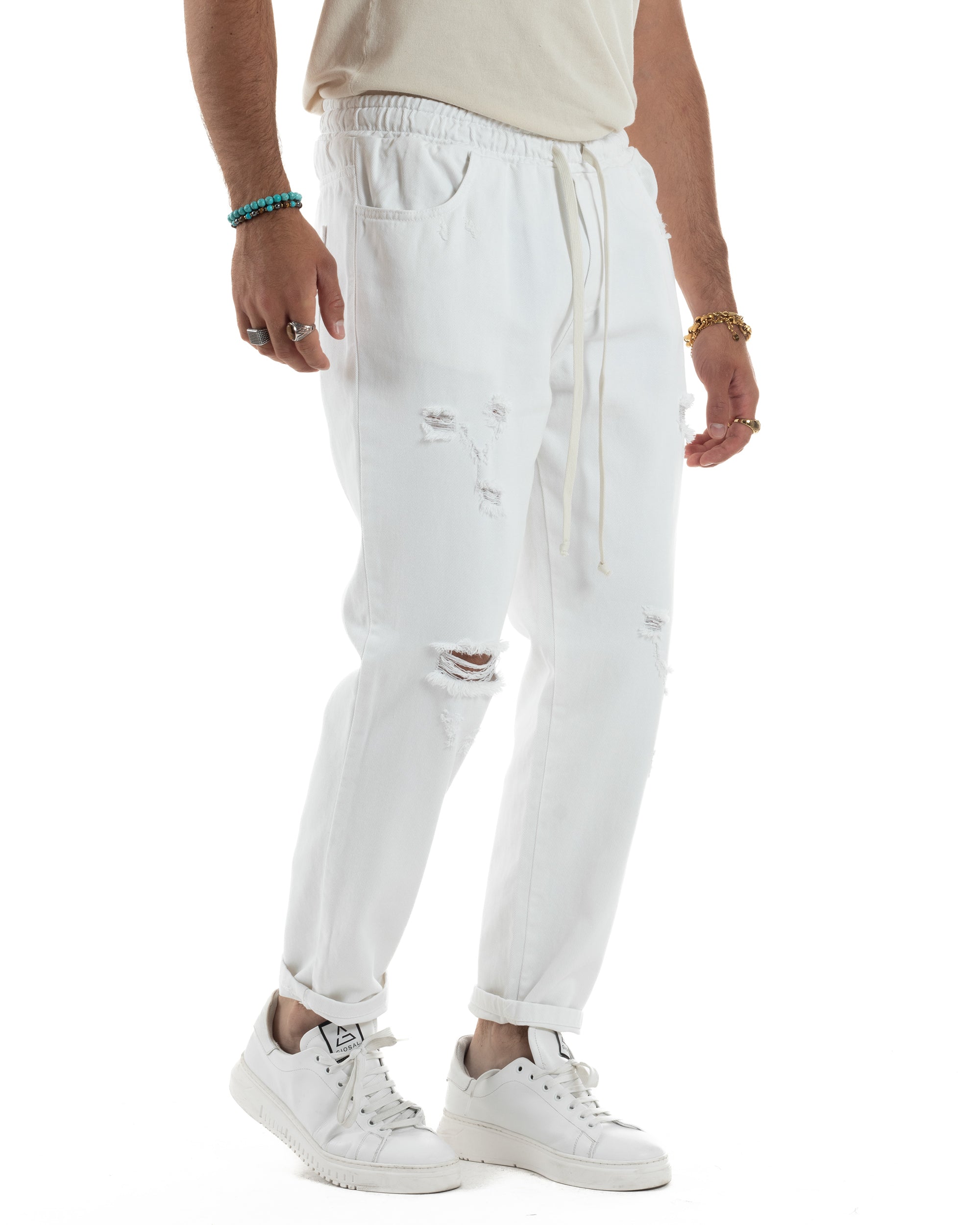 Jeans Jogger Cotone Loose Fit Rotture Bianco JS1106A