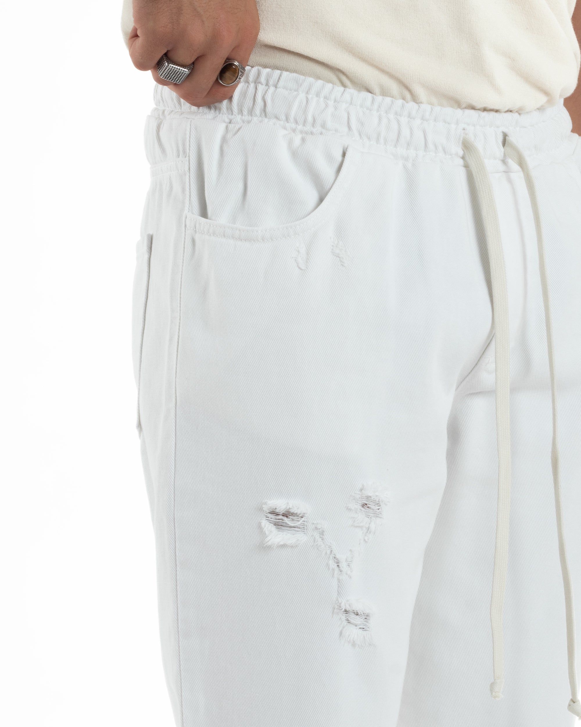 Jeans Jogger Cotone Loose Fit Rotture Bianco JS1106A