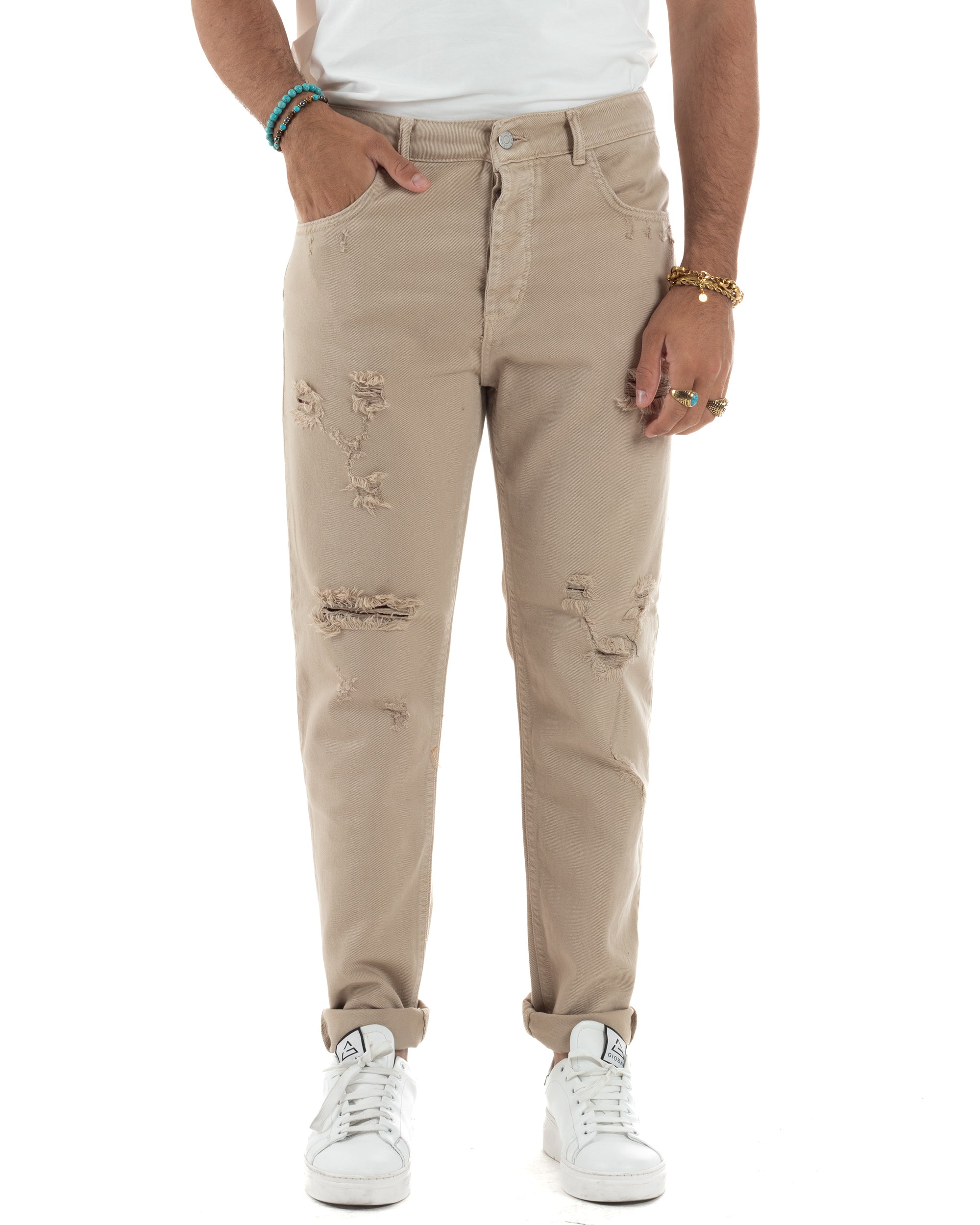 Jeans Uomo Loose Fit Pantaloni Con Rotture Casual Basic Beige JS1107A