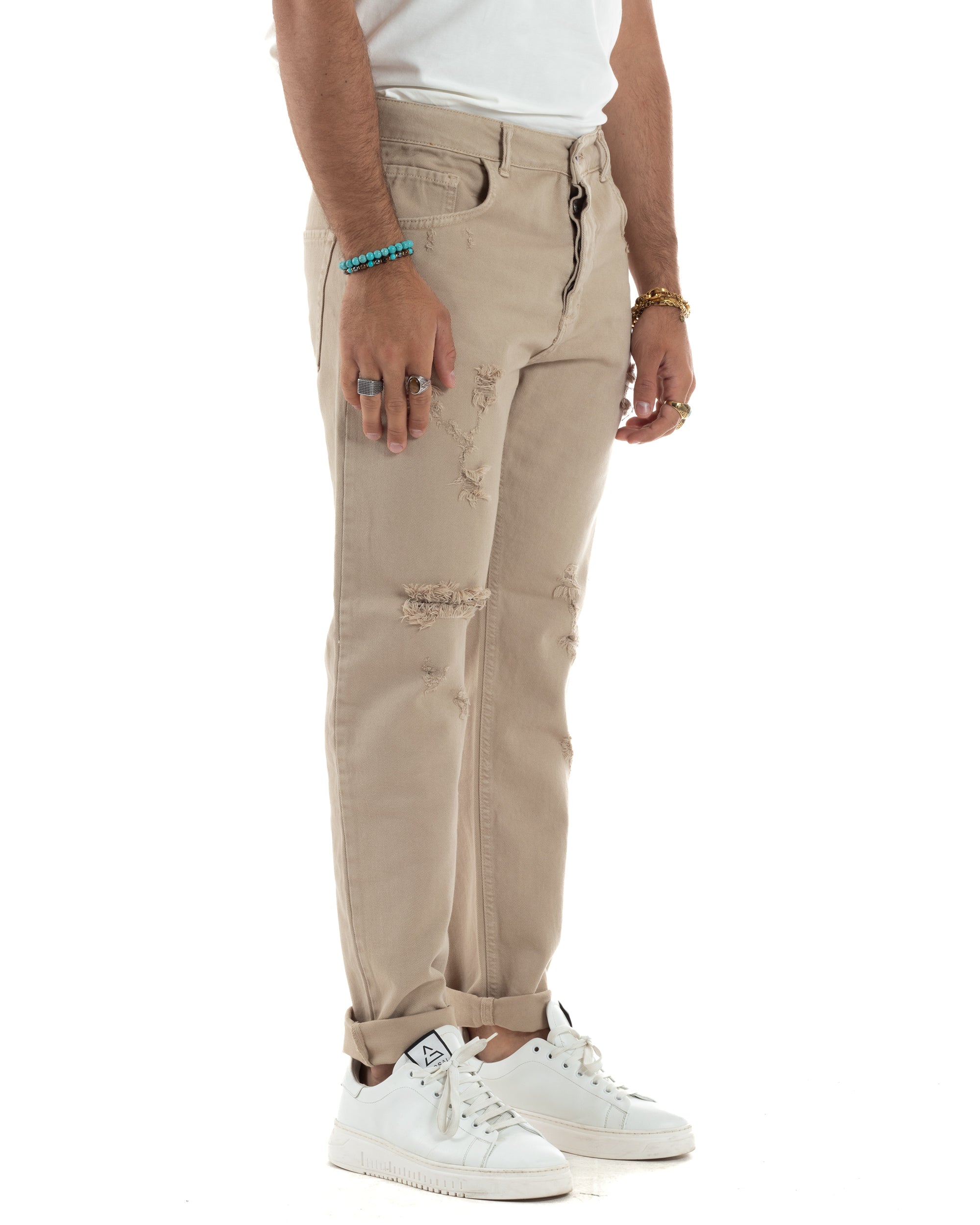 Jeans Uomo Loose Fit Pantaloni Con Rotture Casual Basic Beige JS1107A