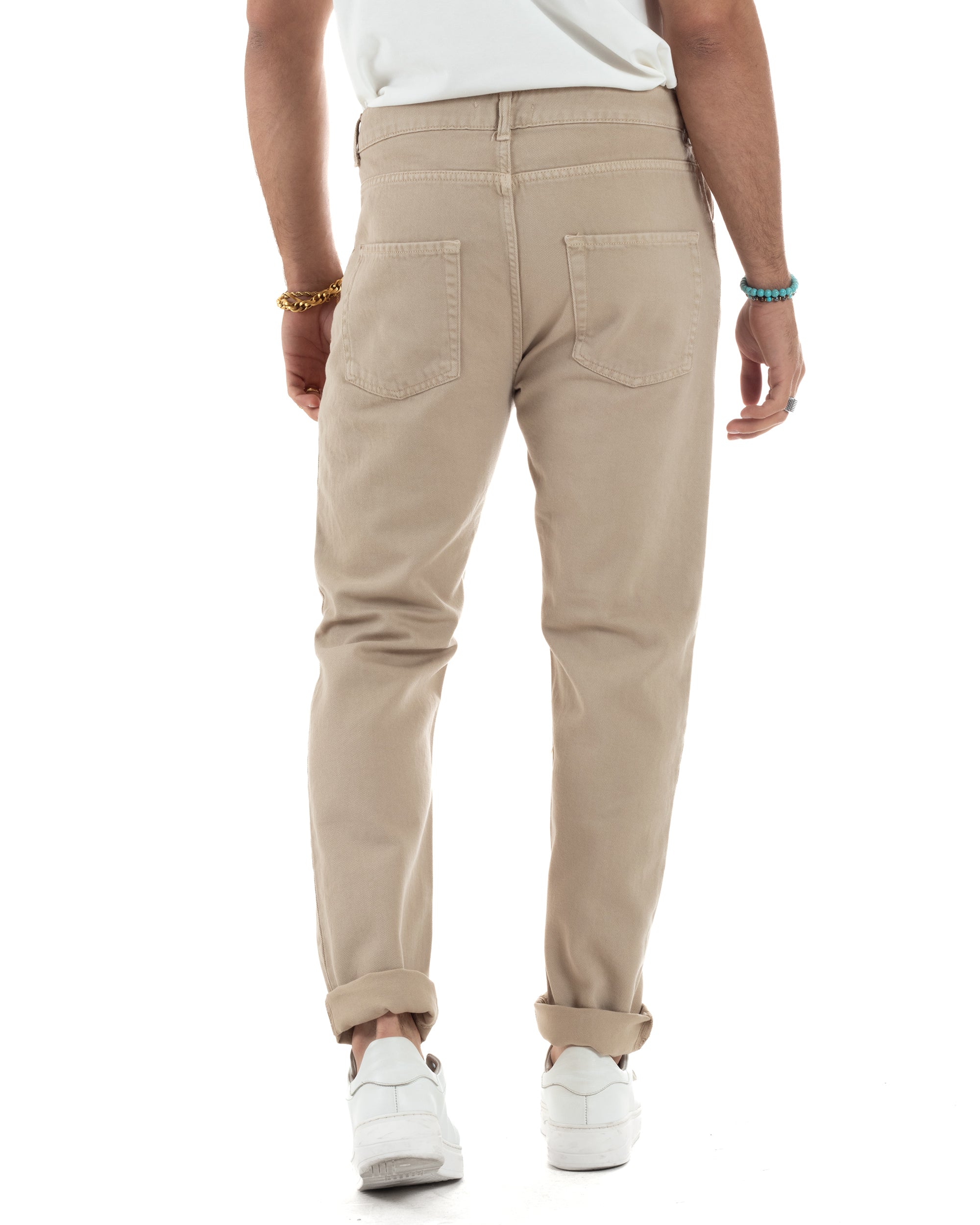 Jeans Uomo Loose Fit Pantaloni Con Rotture Casual Basic Beige JS1107A