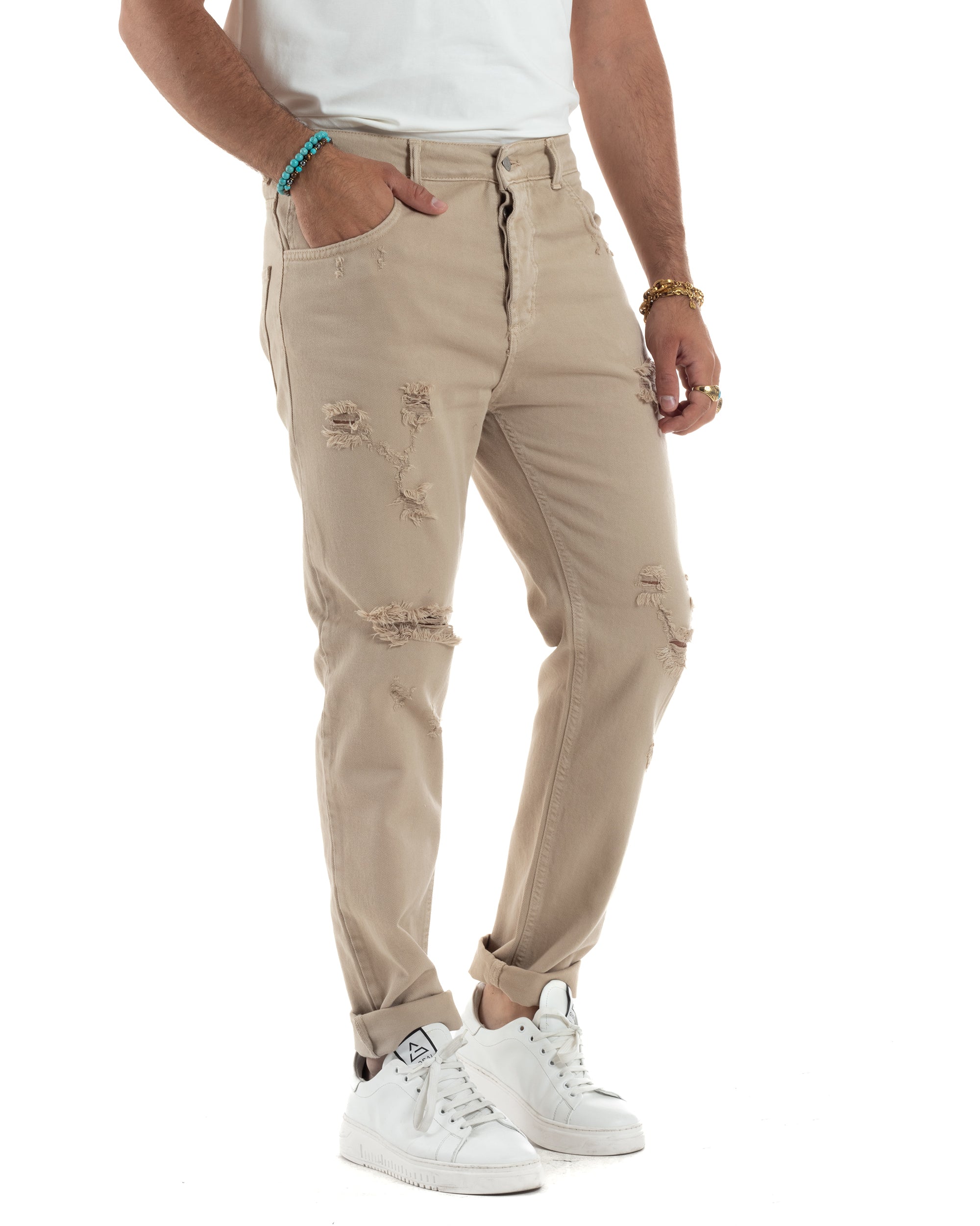 Jeans Uomo Loose Fit Pantaloni Con Rotture Casual Basic Beige JS1107A