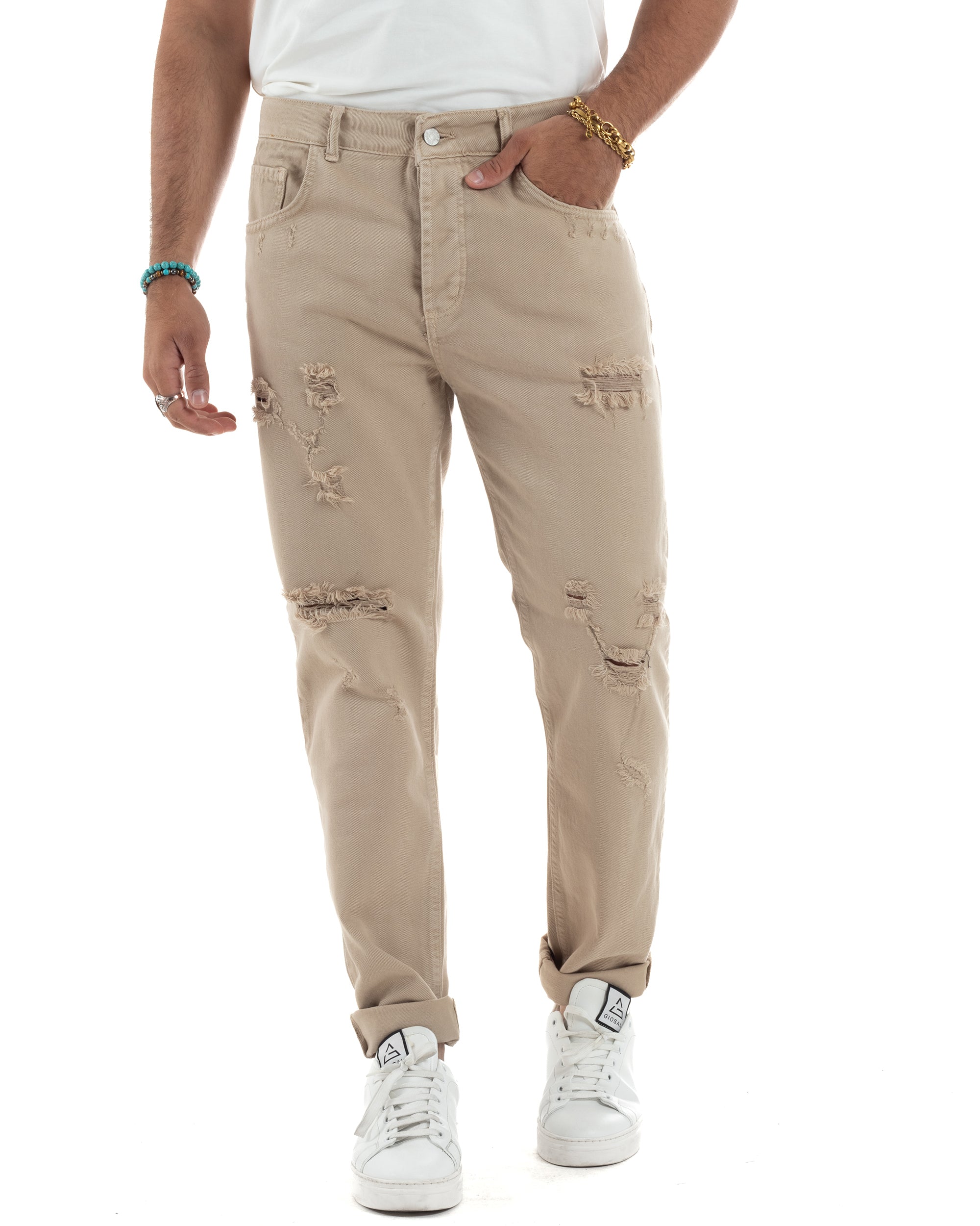 Jeans Uomo Loose Fit Pantaloni Con Rotture Casual Basic Beige JS1107A
