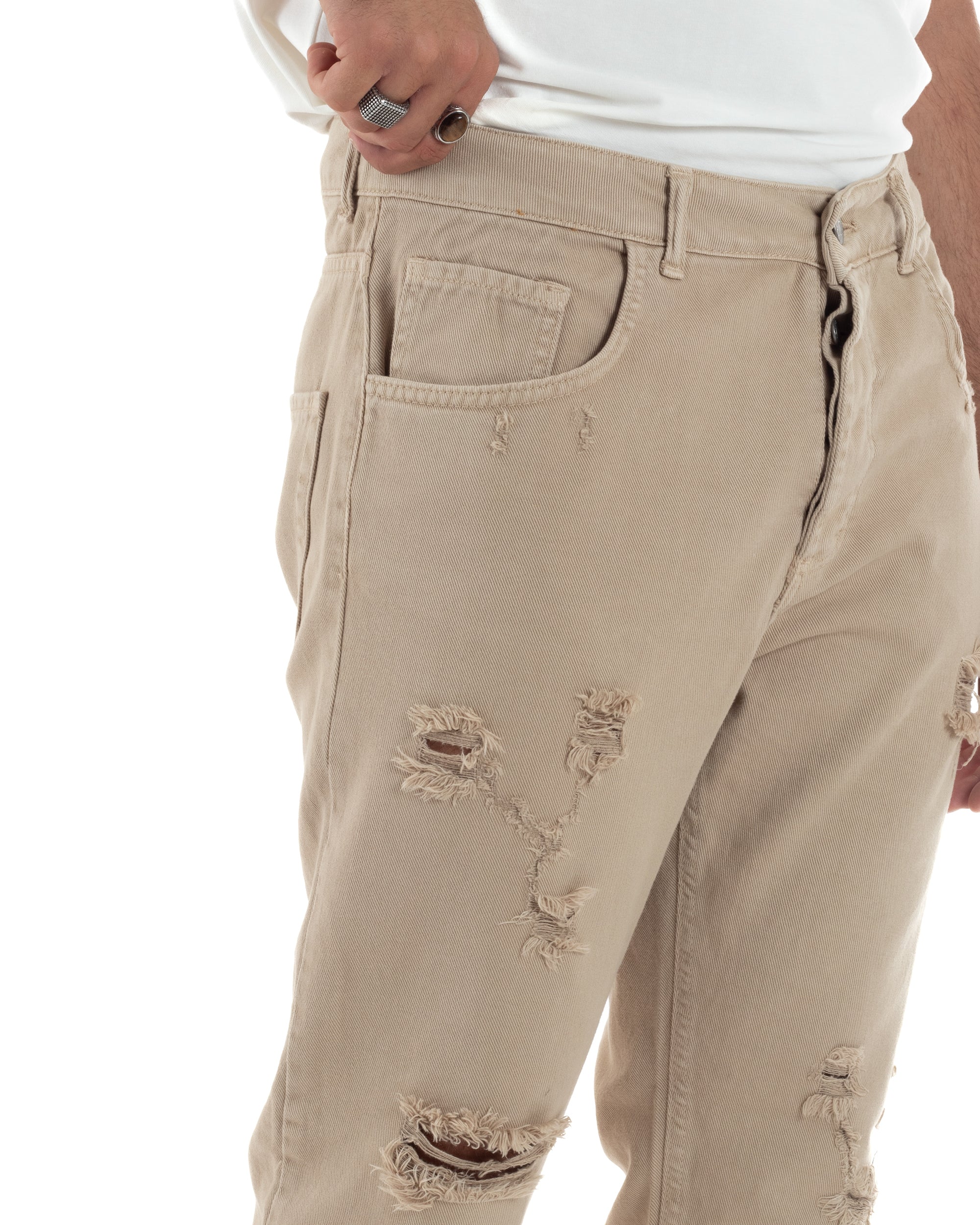 Jeans Uomo Loose Fit Pantaloni Con Rotture Casual Basic Beige JS1107A