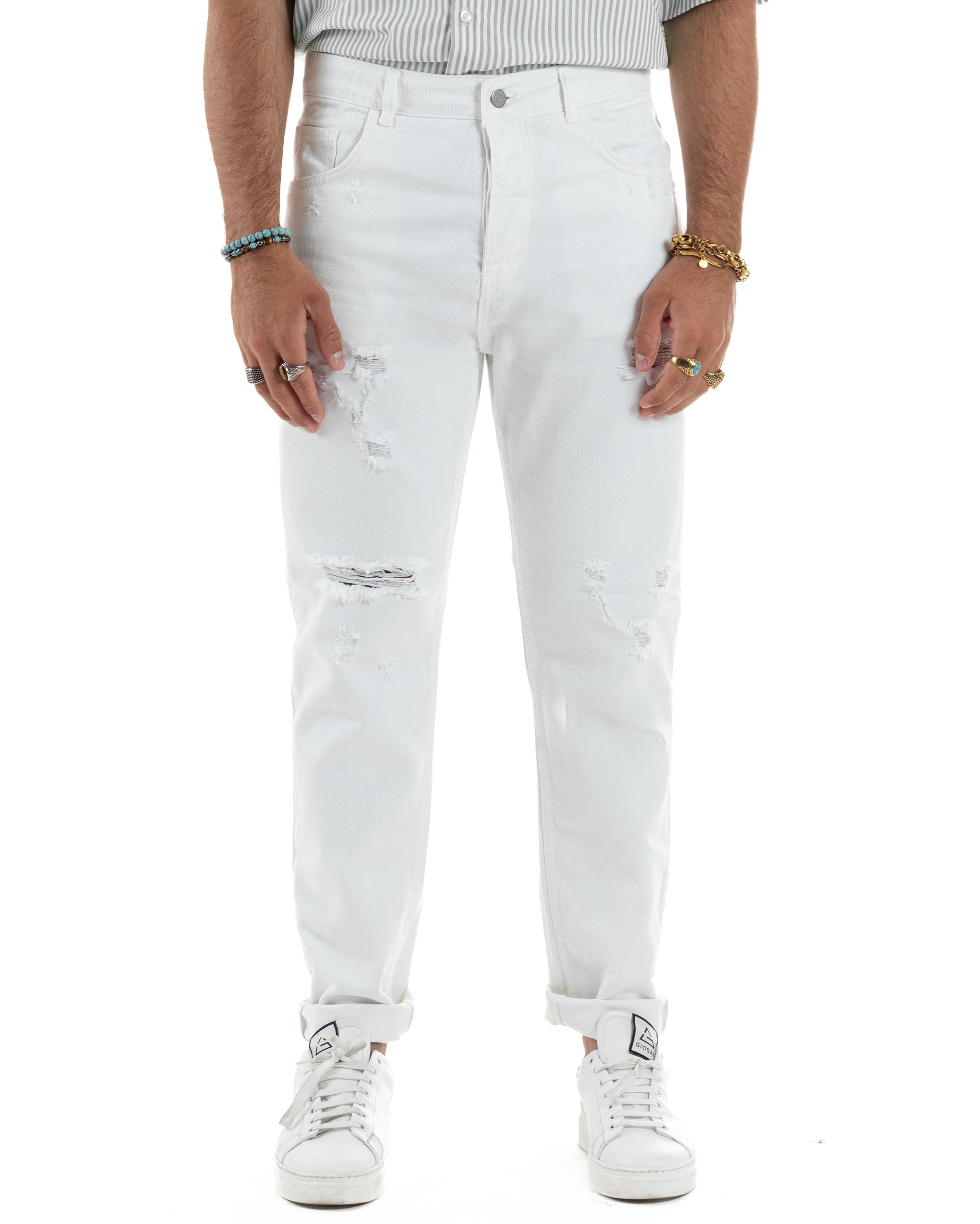 Jeans Uomo Loose Fit Pantaloni Con Rotture Casual Basic Bianco JS1108A