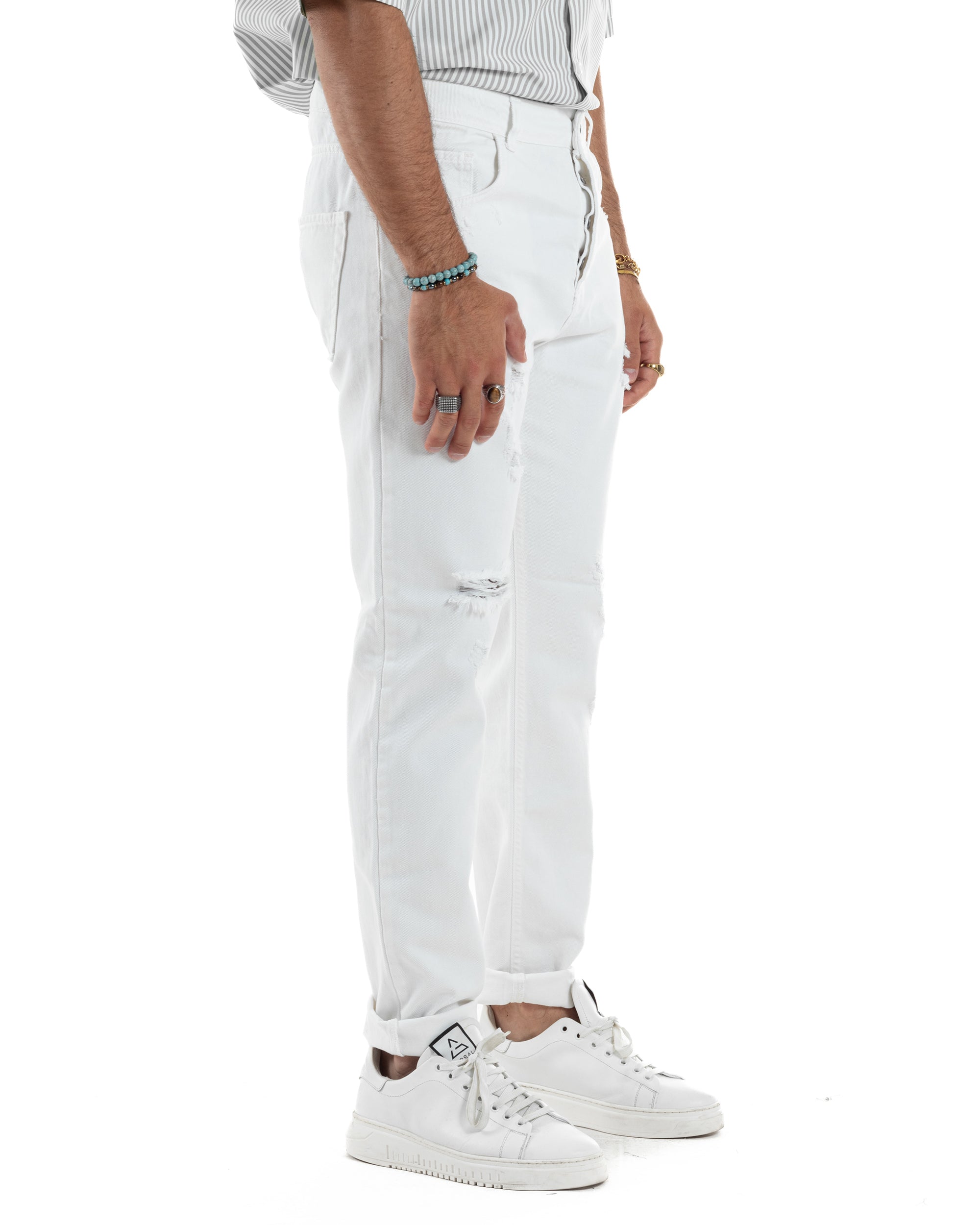 Jeans Uomo Loose Fit Pantaloni Con Rotture Casual Basic Bianco JS1108A