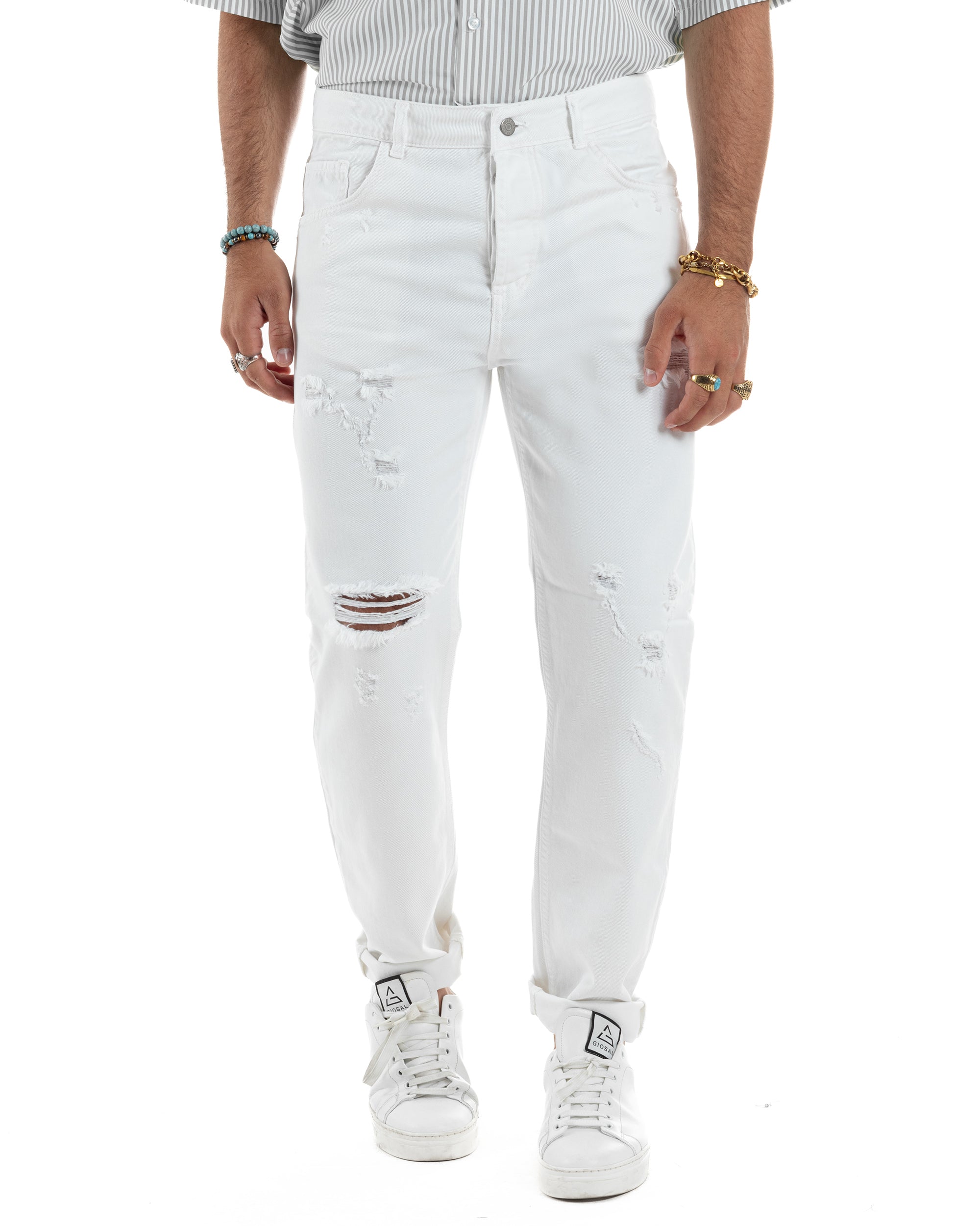 Jeans Uomo Loose Fit Pantaloni Con Rotture Casual Basic Bianco JS1108A