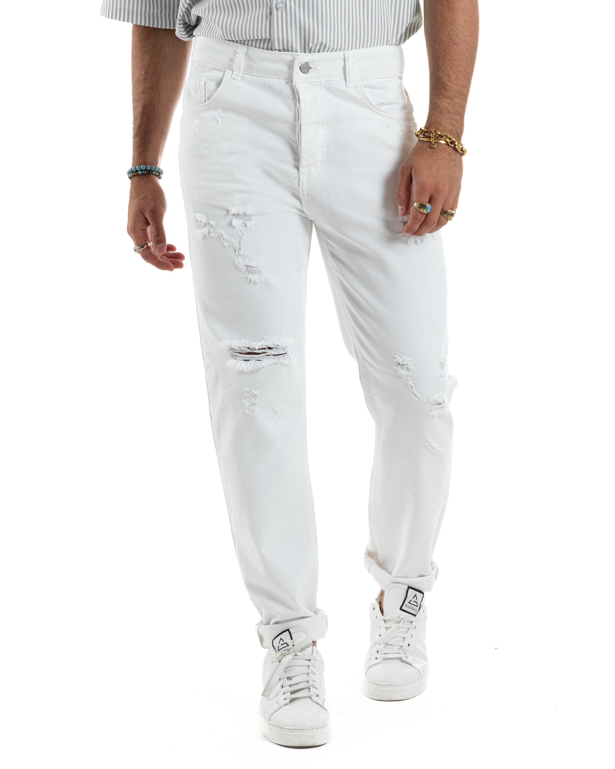 Jeans Uomo Loose Fit Pantaloni Con Rotture Casual Basic Bianco JS1108A