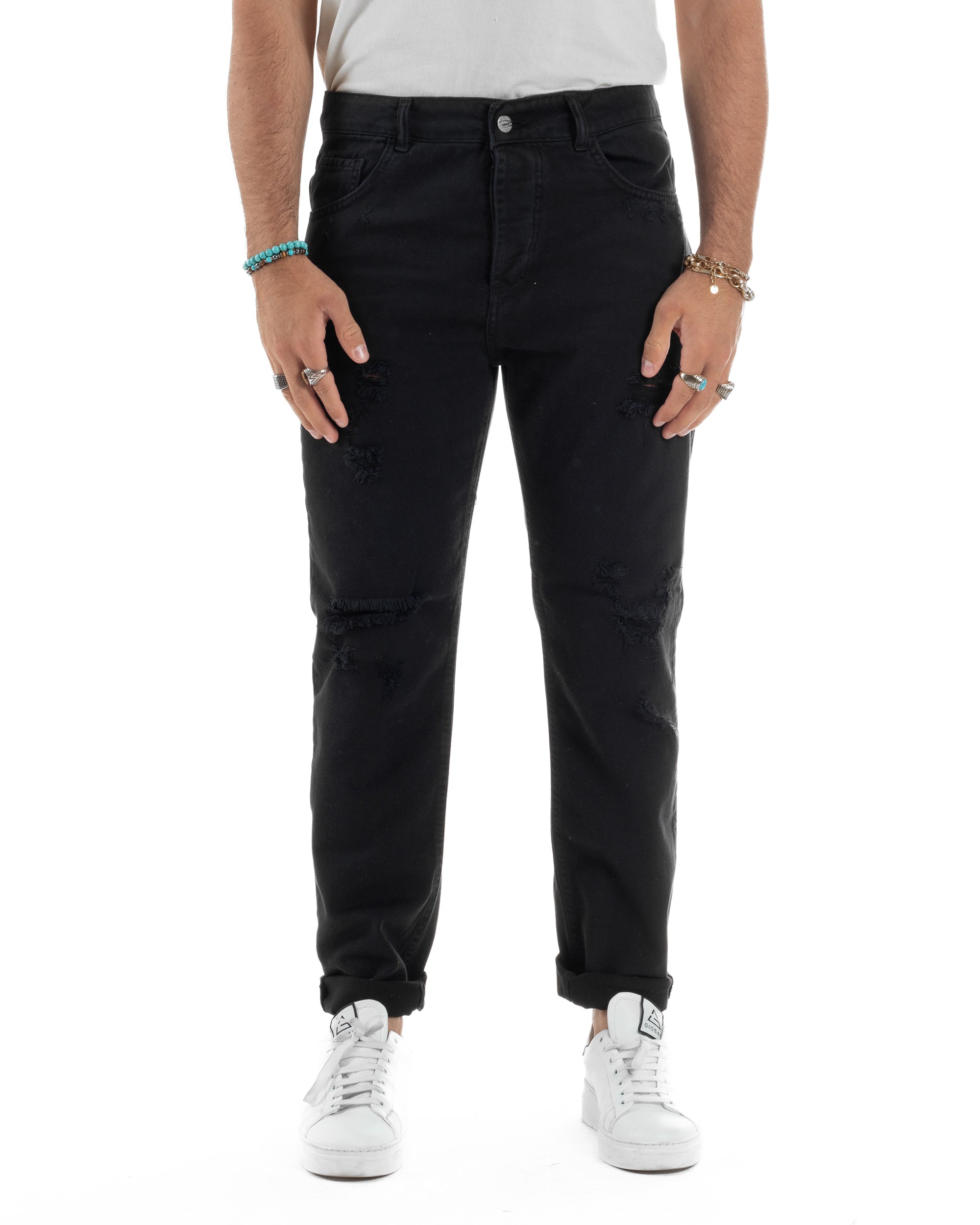 Jeans Uomo Loose Fit Pantaloni Con Rotture Casual Basic Nero JS1109A