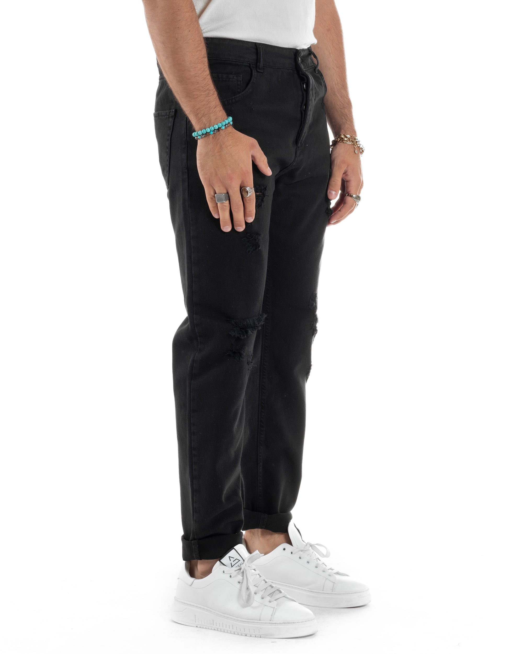 Jeans Uomo Loose Fit Pantaloni Con Rotture Casual Basic Nero JS1109A