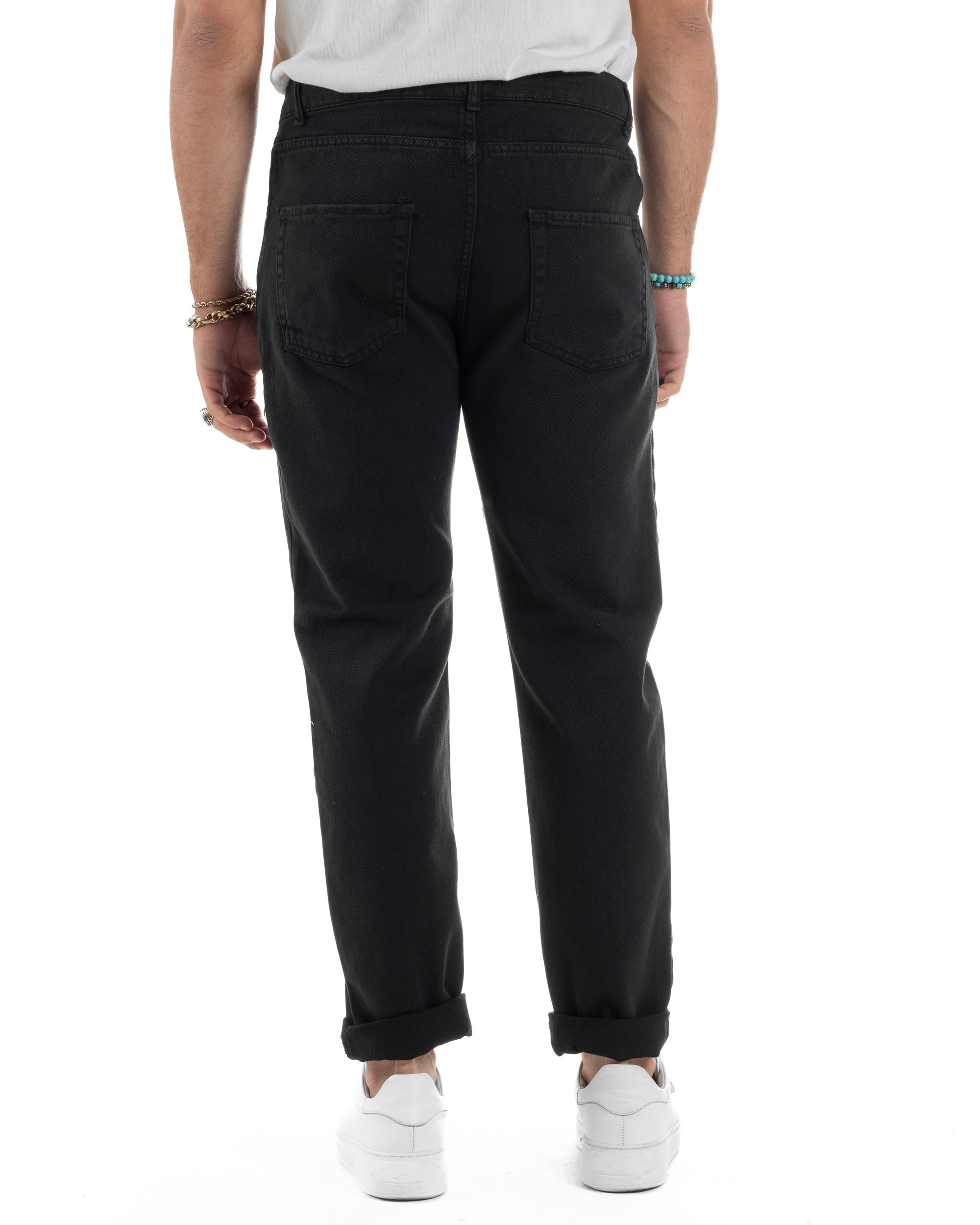 Jeans Uomo Loose Fit Pantaloni Con Rotture Casual Basic Nero JS1109A