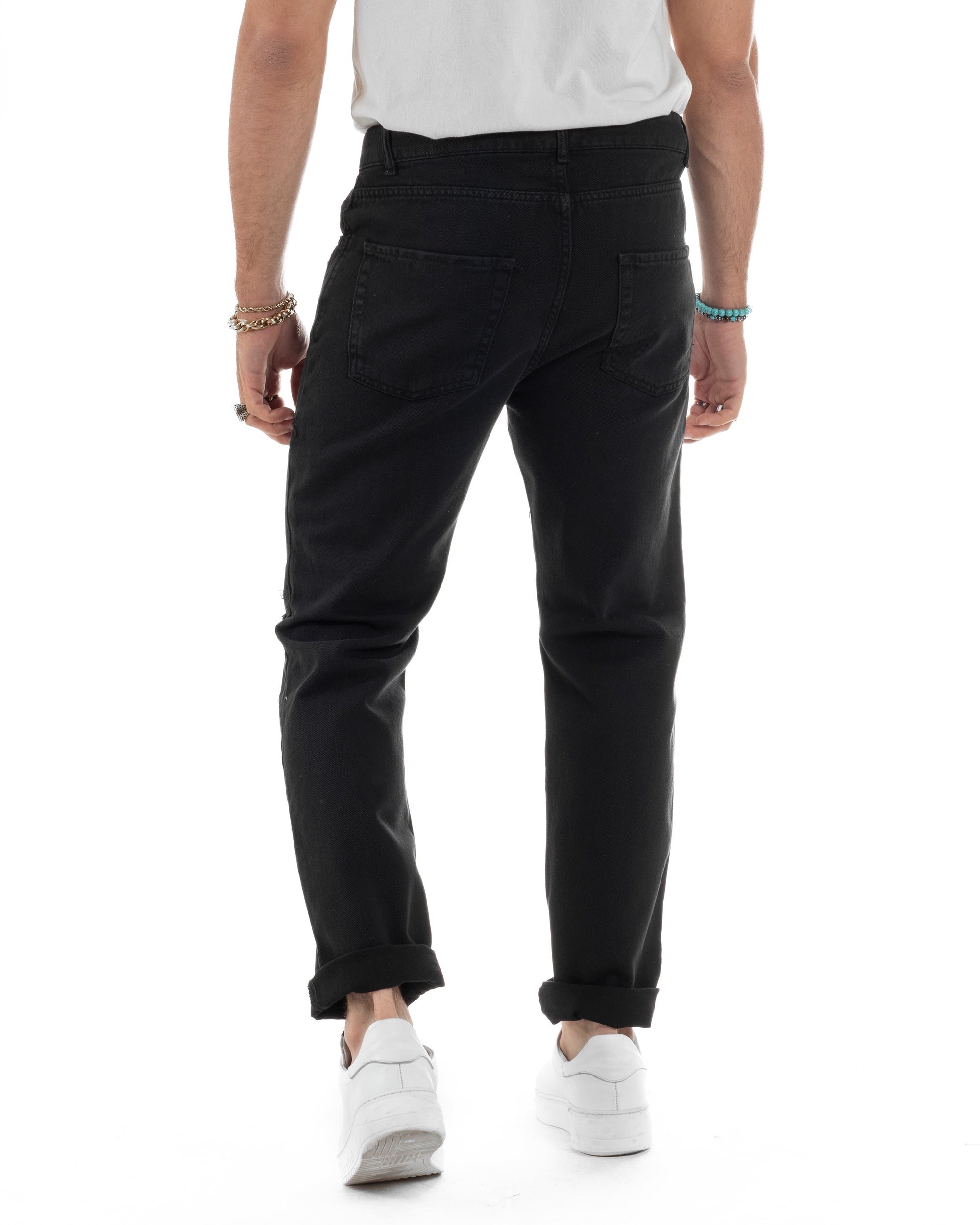 Jeans Uomo Loose Fit Pantaloni Con Rotture Casual Basic Nero JS1109A