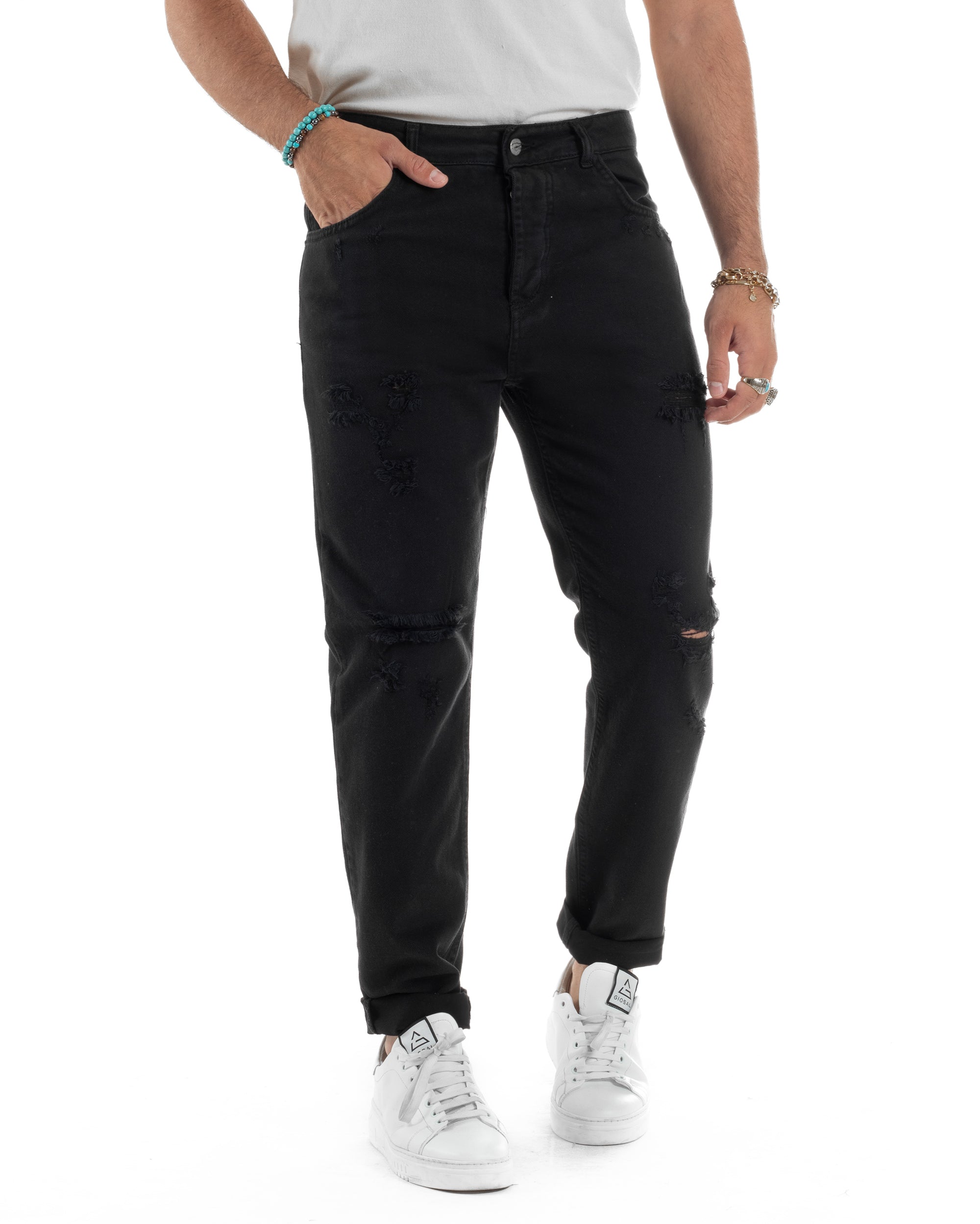 Jeans Uomo Loose Fit Pantaloni Con Rotture Casual Basic Nero JS1109A