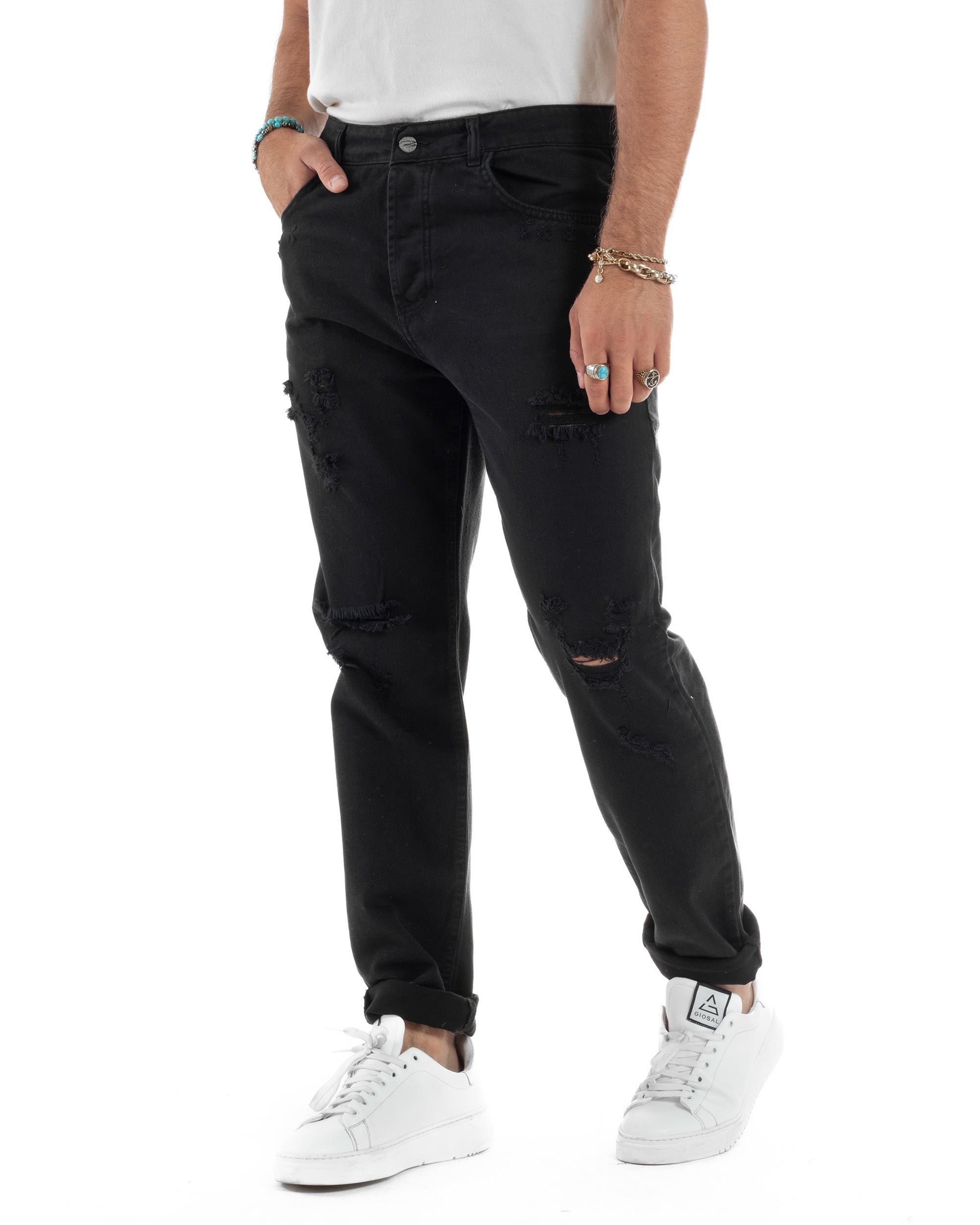 Jeans Uomo Loose Fit Pantaloni Con Rotture Casual Basic Nero JS1109A