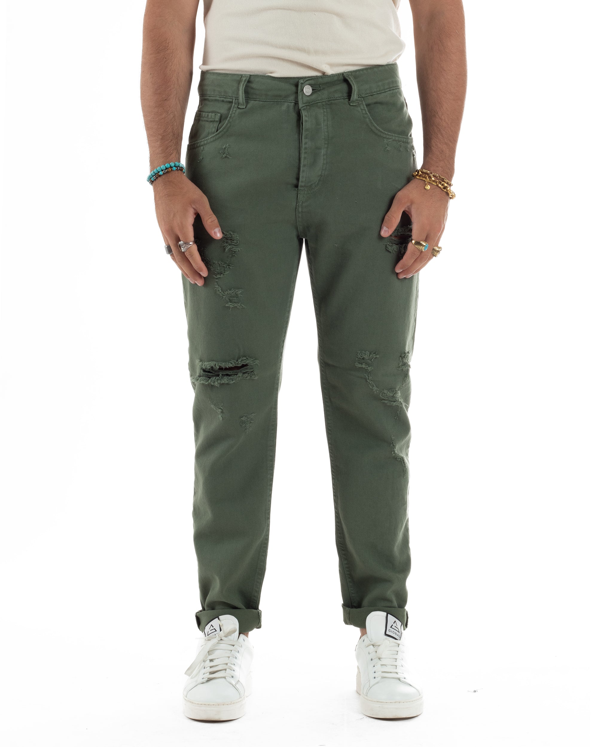Jeans Uomo Loose Fit Pantaloni Con Rotture Casual Basic Verde JS1110A