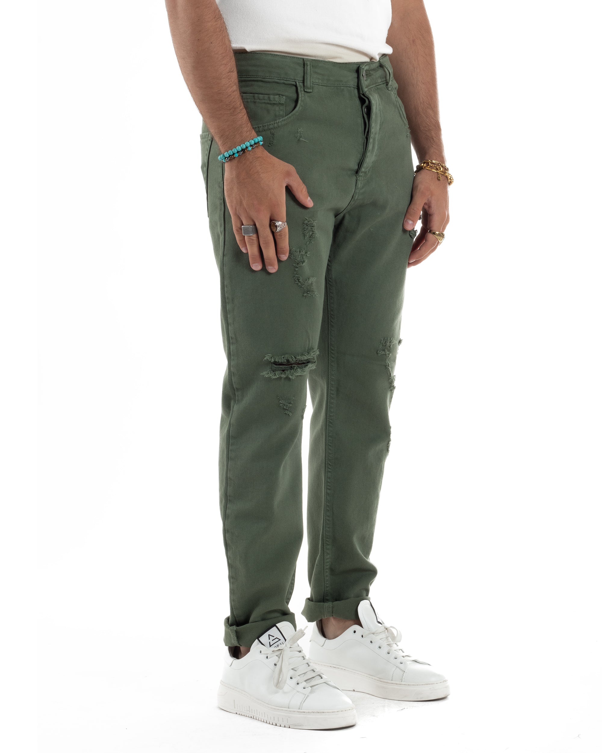 Jeans Uomo Loose Fit Pantaloni Con Rotture Casual Basic Verde JS1110A