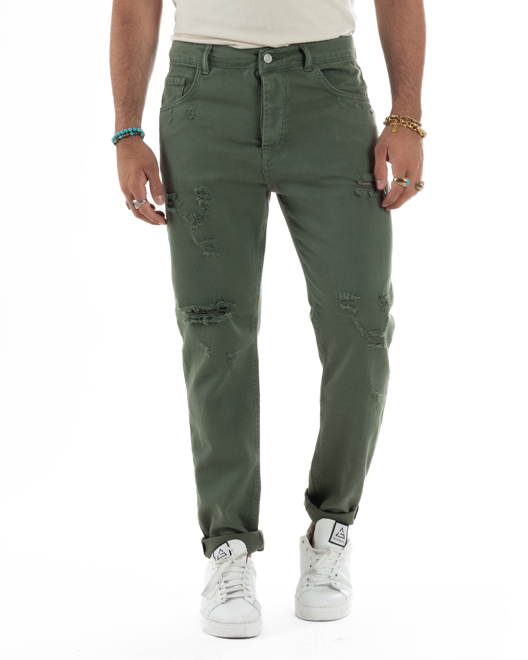 Jeans Uomo Loose Fit Pantaloni Con Rotture Casual Basic Verde JS1110A