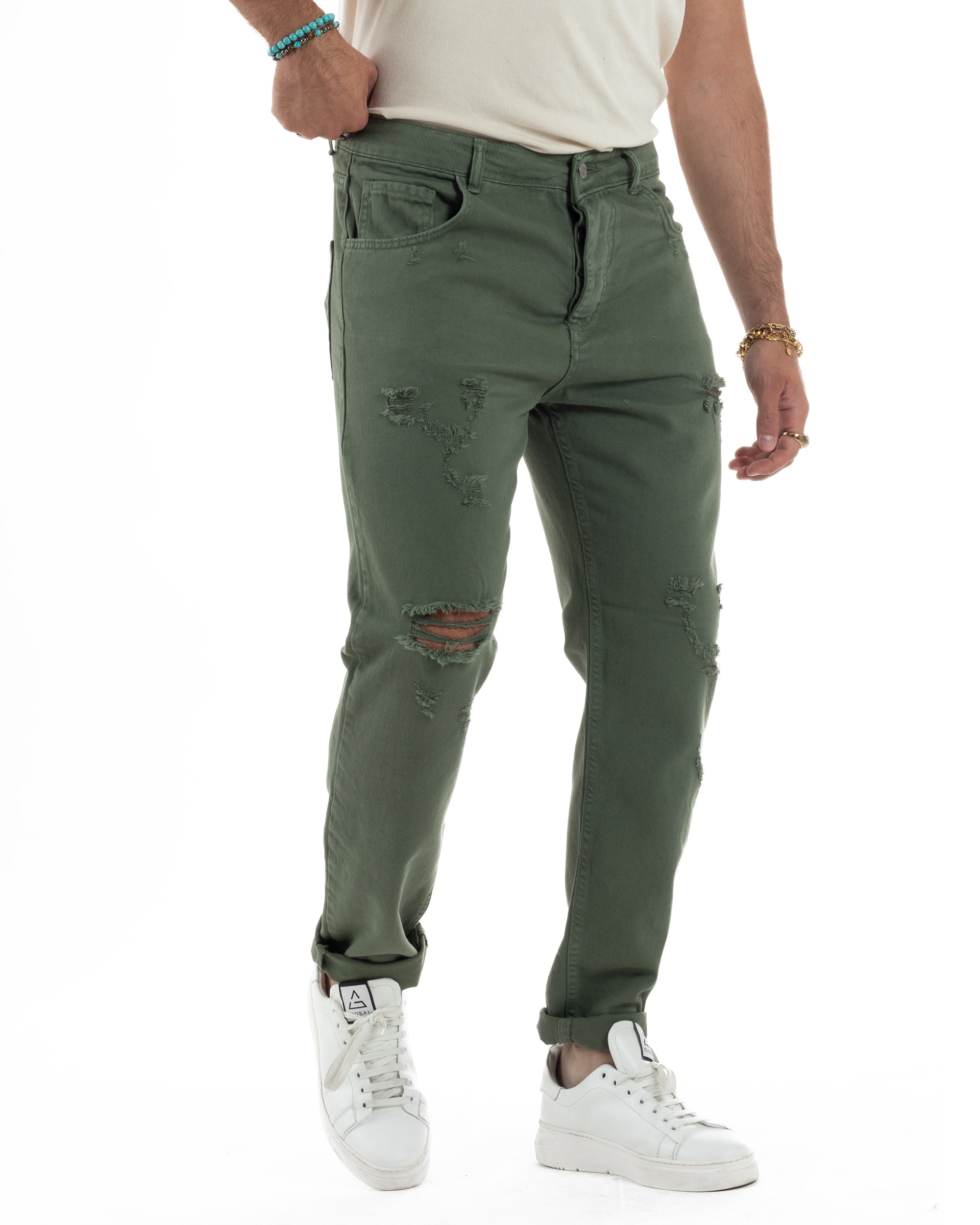Jeans Uomo Loose Fit Pantaloni Con Rotture Casual Basic Verde JS1110A