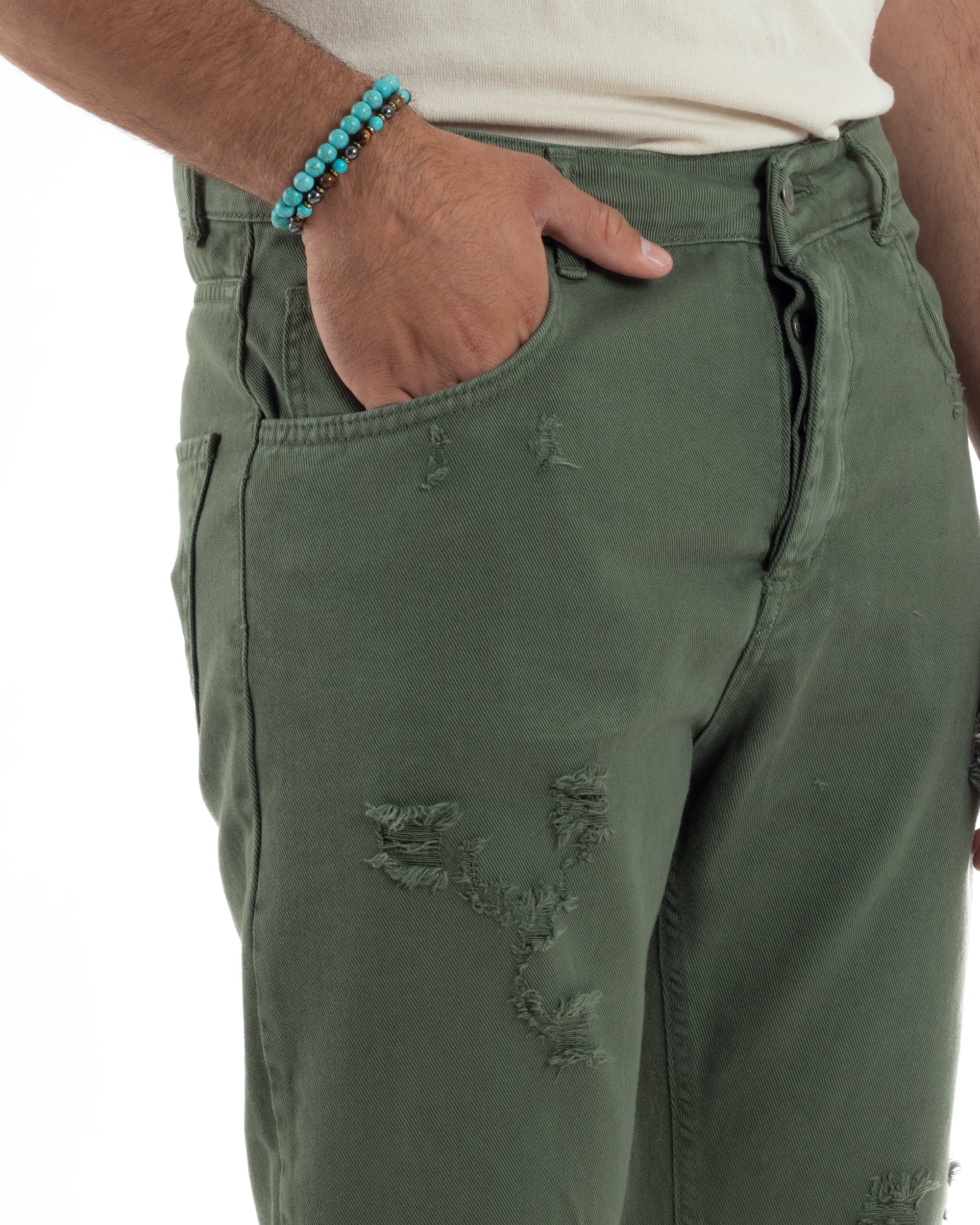 Jeans Uomo Loose Fit Pantaloni Con Rotture Casual Basic Verde JS1110A