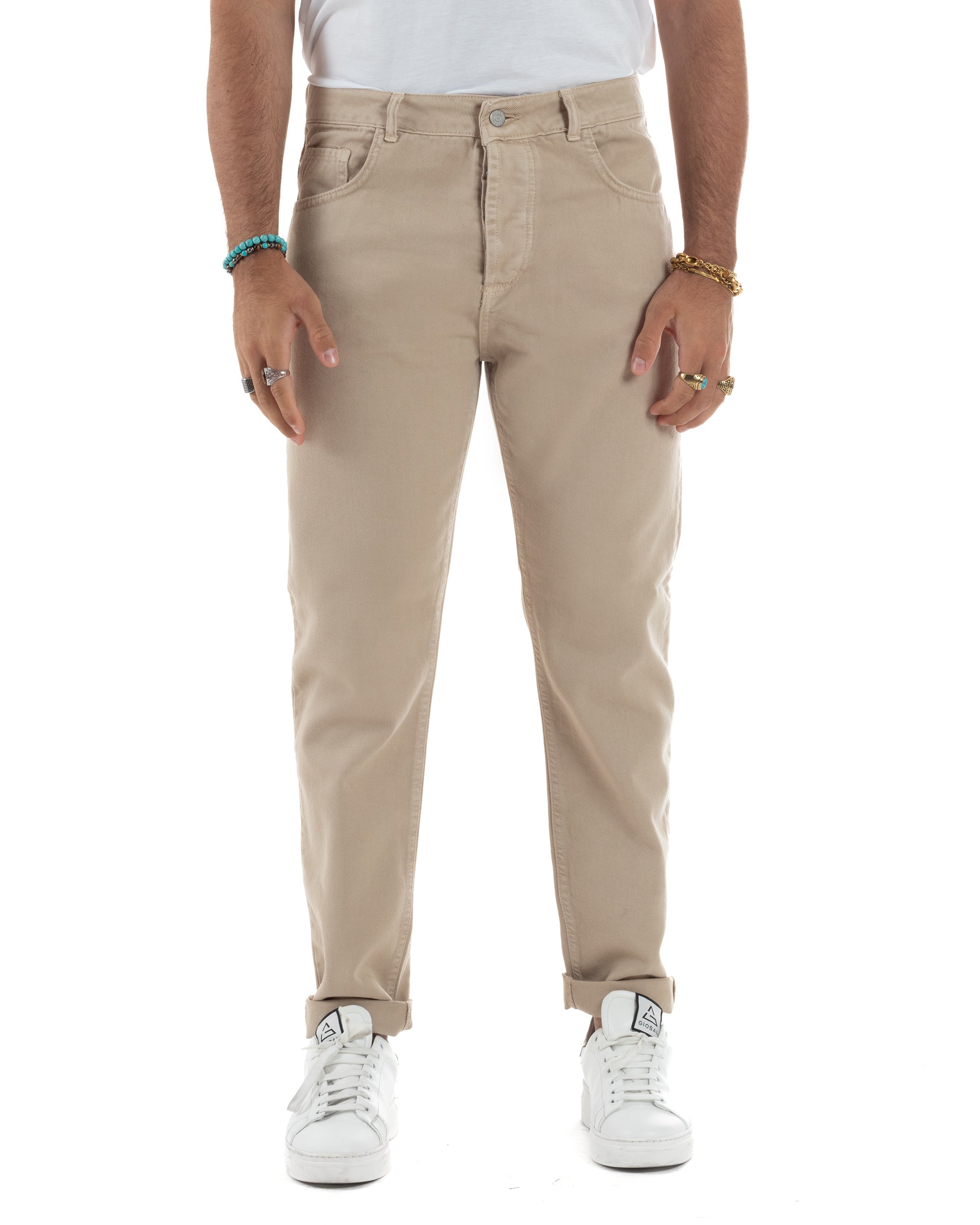 Jeans Uomo Loose Fit Pantaloni Cotone Casual Basic Beige JS1113A
