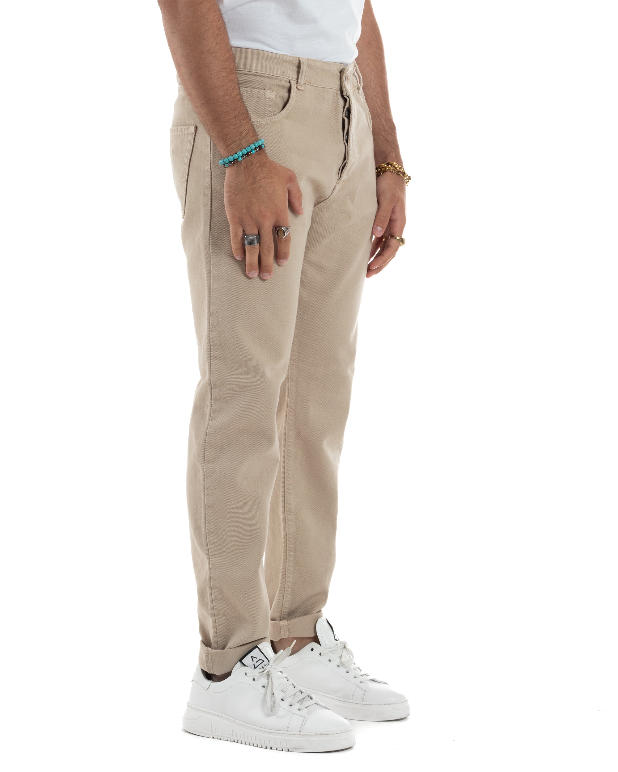 Jeans Uomo Loose Fit Pantaloni Cotone Casual Basic Beige JS1113A